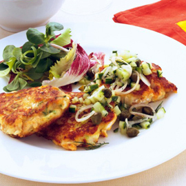 Fresh salmon fish cakes with cucumber and caper salsa recipe Fresh salmon fish cakes with cucumber and caper salsa recipe
