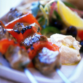 Houmous-griddled lamb with red peppers and olives recipe Houmous-griddled lamb with red peppers and olives recipe