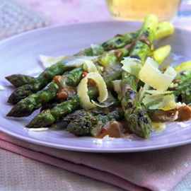 Phil Vickery's grilled asparagus with shallot dressing and Parmesan recipe Phil Vickery's grilled asparagus with shallot dressing and Parmesan recipe