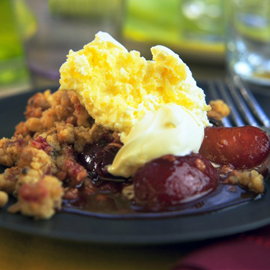 Phil Vickery�s plum, vanilla and allspice crumble with clotted cream recipe