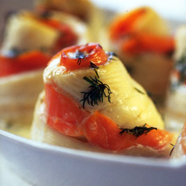 Plaice and smoked salmon spirals with vodka cream recipe Plaice and smoked salmon spirals with vodka cream recipe