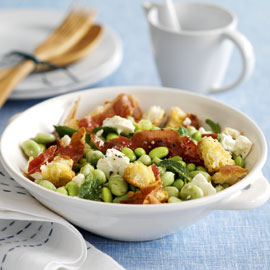 Broad bean, feta and crisp Parma ham with lemon dressing recipe