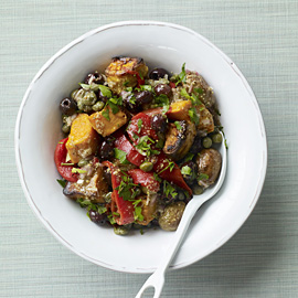 Roasted new and sweet potatoes with red peppers recipe