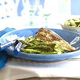 Baked chicken with pickled cucumber salad and asparagus recipe Baked chicken with pickled cucumber salad and asparagus recipe