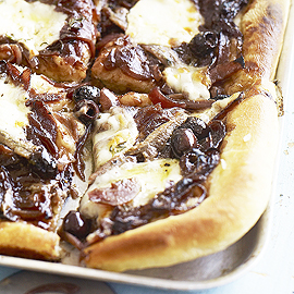 Caramelised red onion and anchovy pizza with black olives recipe Caramelised red onion and anchovy pizza with black olives recipe