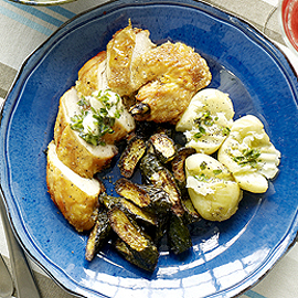 Chicken supremes with lemon-thyme butter and baked courgettes recipe Chicken supremes with lemon-thyme butter and baked courgettes recipe