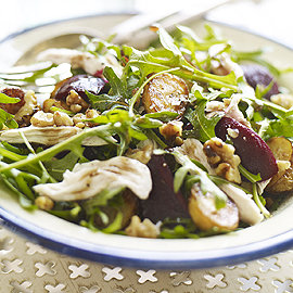 Roasted new potato, beetroot and toasted walnut salad with shredded chicken recipe Roasted new potato, beetroot and toasted walnut salad with shredded chicken recipe