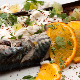 Barbecued mackerel with baked aubergines and yogurt dressing recipe Barbecued mackerel with baked aubergines and yogurt dressing recipe