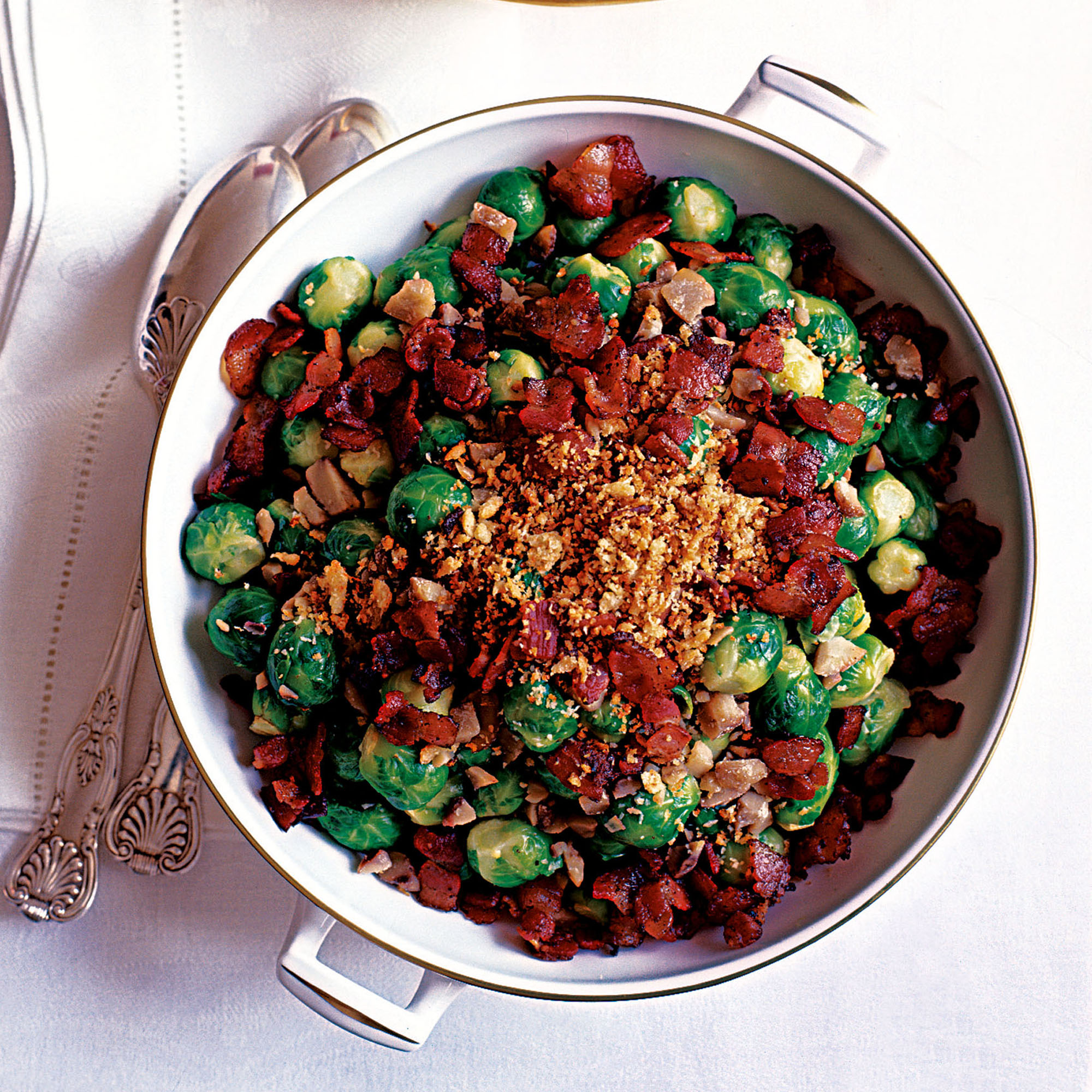 Sprouts with Crunchy Bacon and Chestnuts Sprouts with Crunchy Bacon, Chestnuts and buttered garlic crumbs recipe-recipe ideas-woman and home