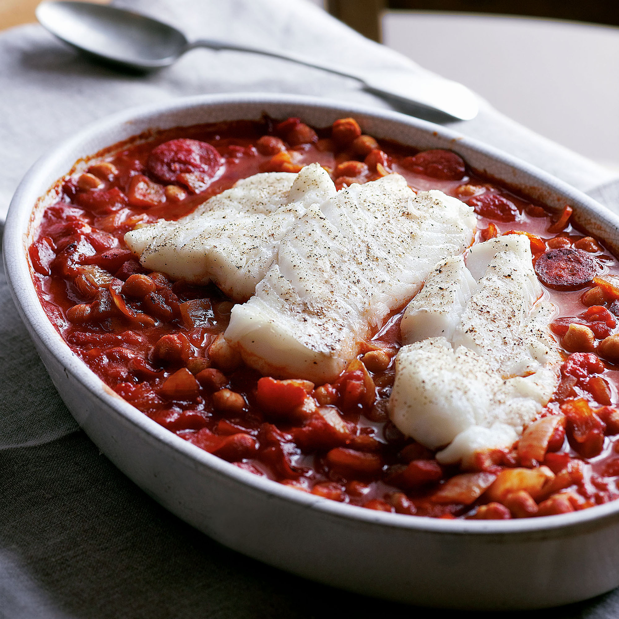 Cod, chorizo and chickpea casserole recipe Cod, chorizo and chickpea casserole recipe
