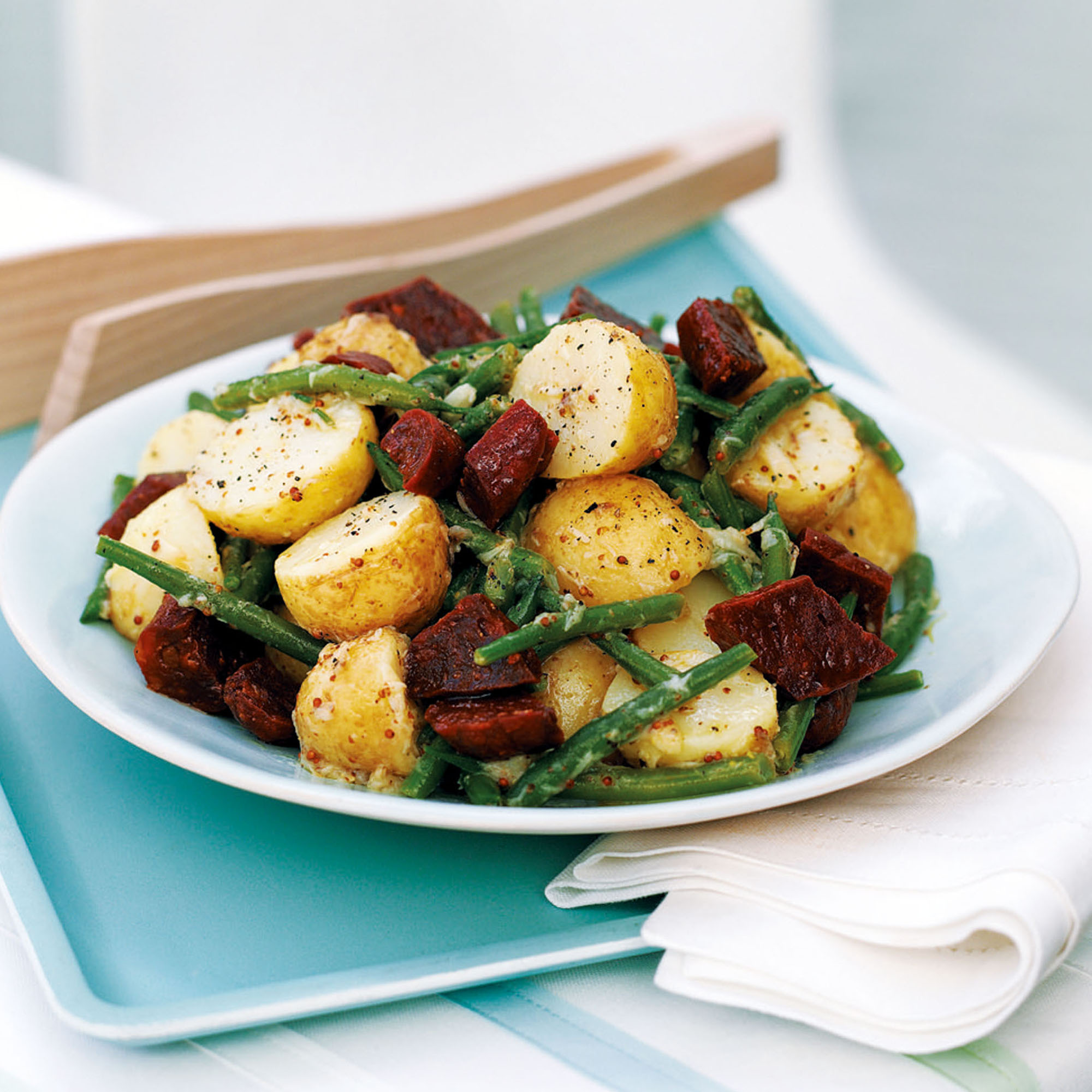 New potato and bean salad with crunchy chorizo recipe