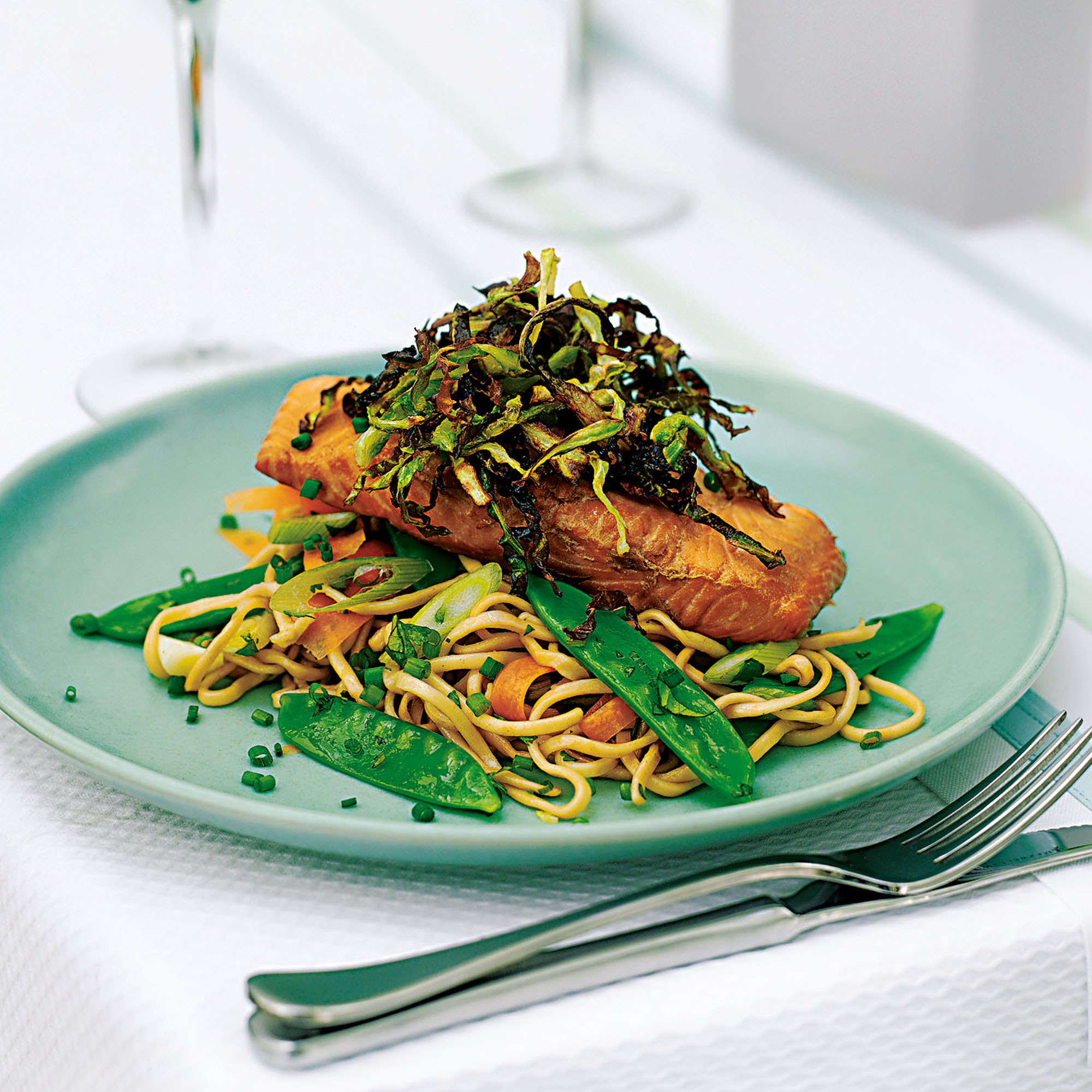 Poached salmon with crispy cabbage and chilled noodles recipe Poached salmon with crispy cabbage and chilled noodles recipe