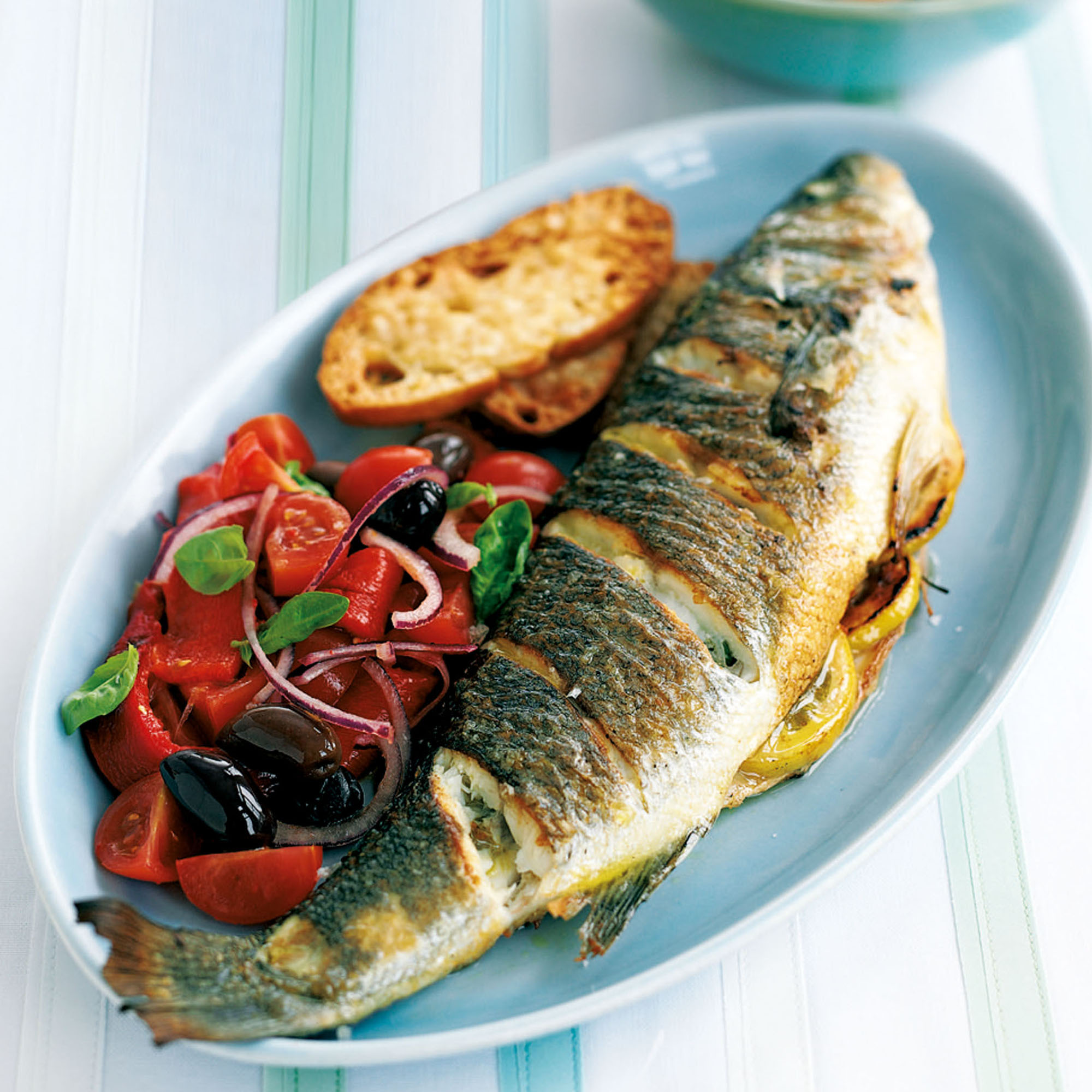 Roasted Sea Bass with Tomato Salad Roasted Sea Bass with Tomato Salad and Crispy Parmesan Croutons Recipe-recipe ideas-woman and home