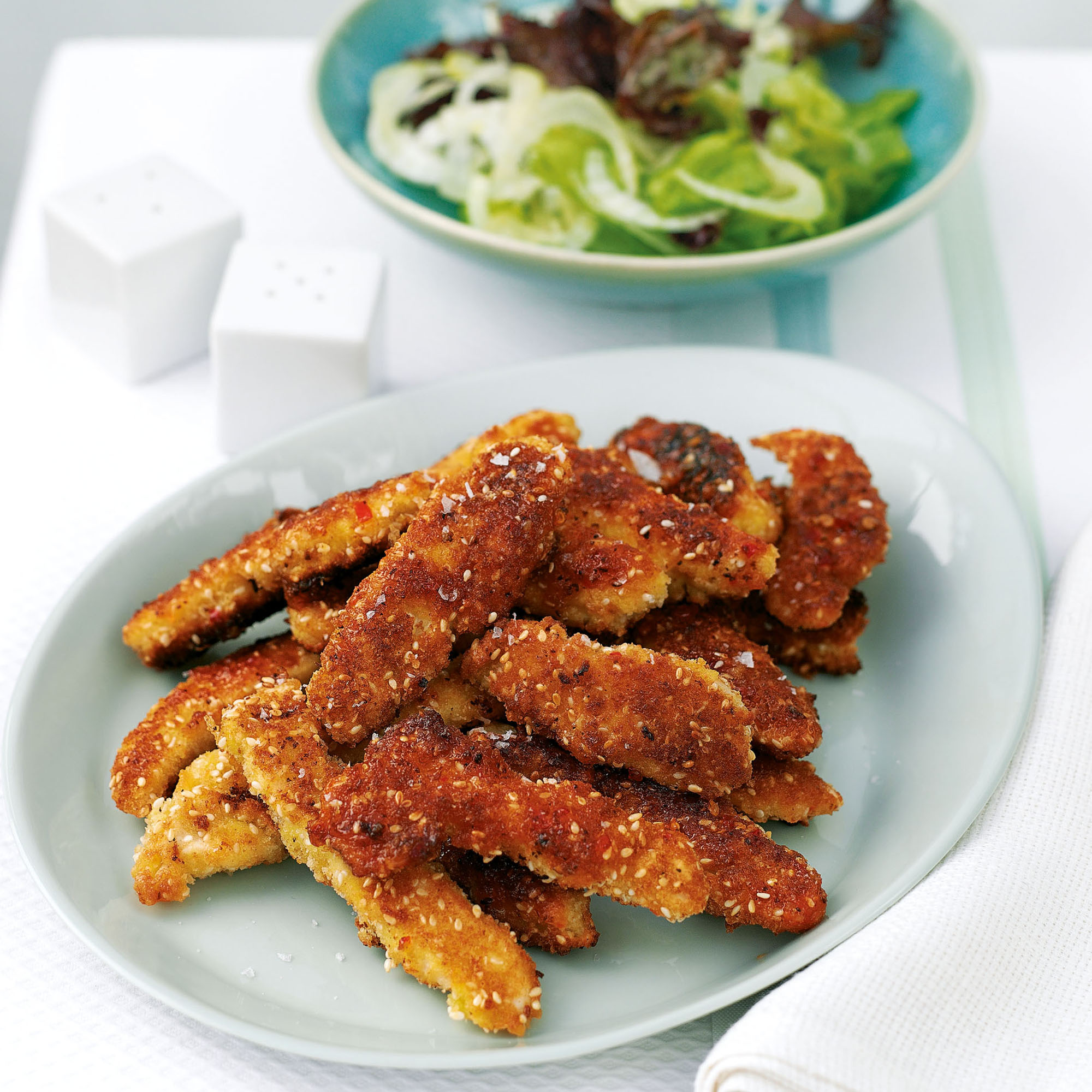 Crunchy sesame chicken with summer leaves and fennel recipe Crunchy sesame chicken with summer leaves and fennel recipe