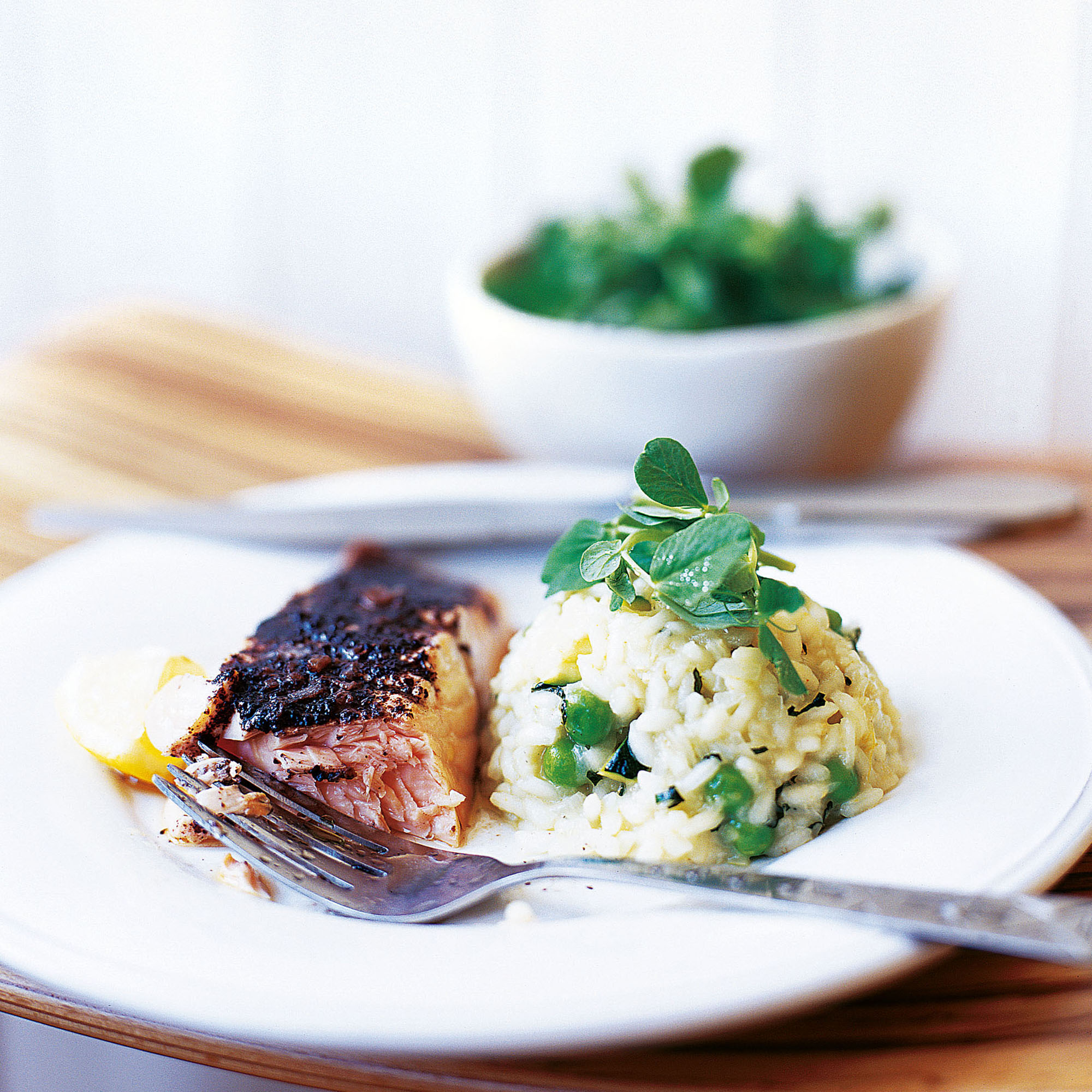 Grilled salmon with sumac, and courgette, mint and pea risotto recipe Grilled salmon with sumac, and courgette, mint and pea risotto recipe