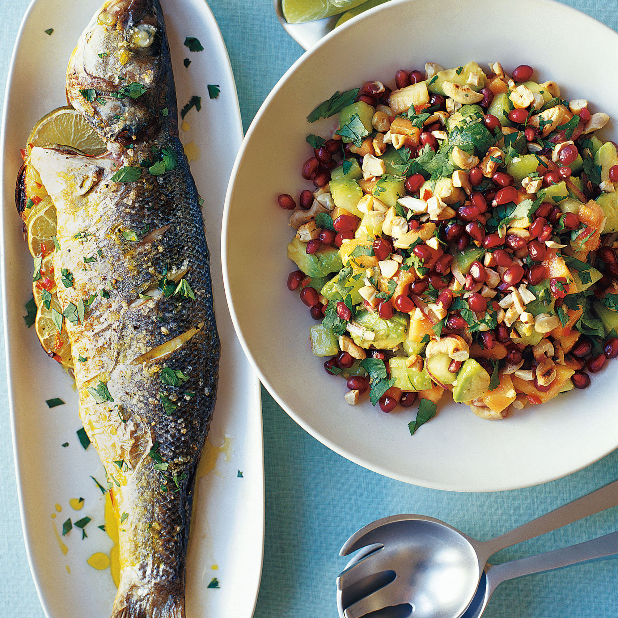 Baked sea bass recipe with avocado and pomegranate salad recipe