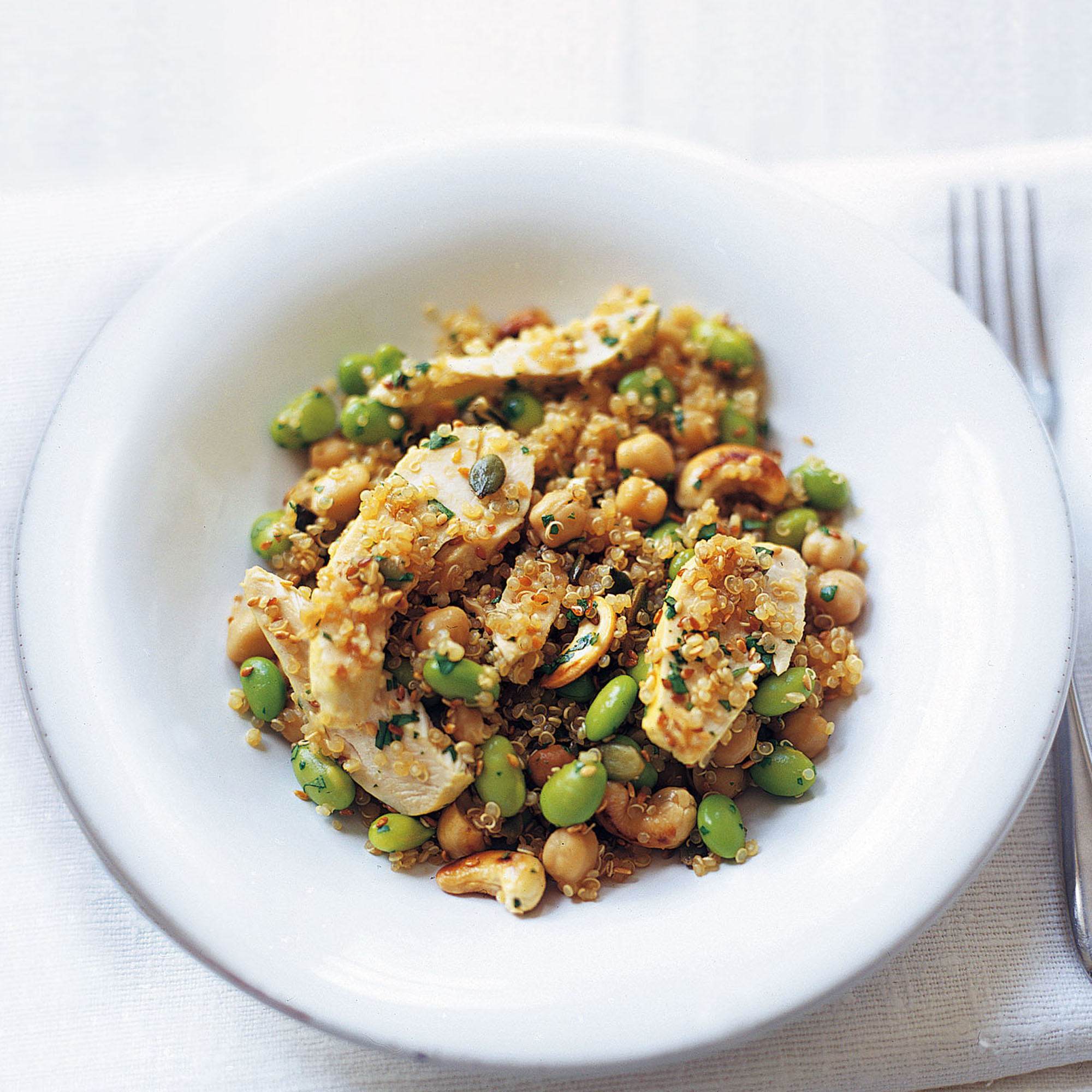 Quinoa salad with chickpeas, soy beans and poached chicken recipe