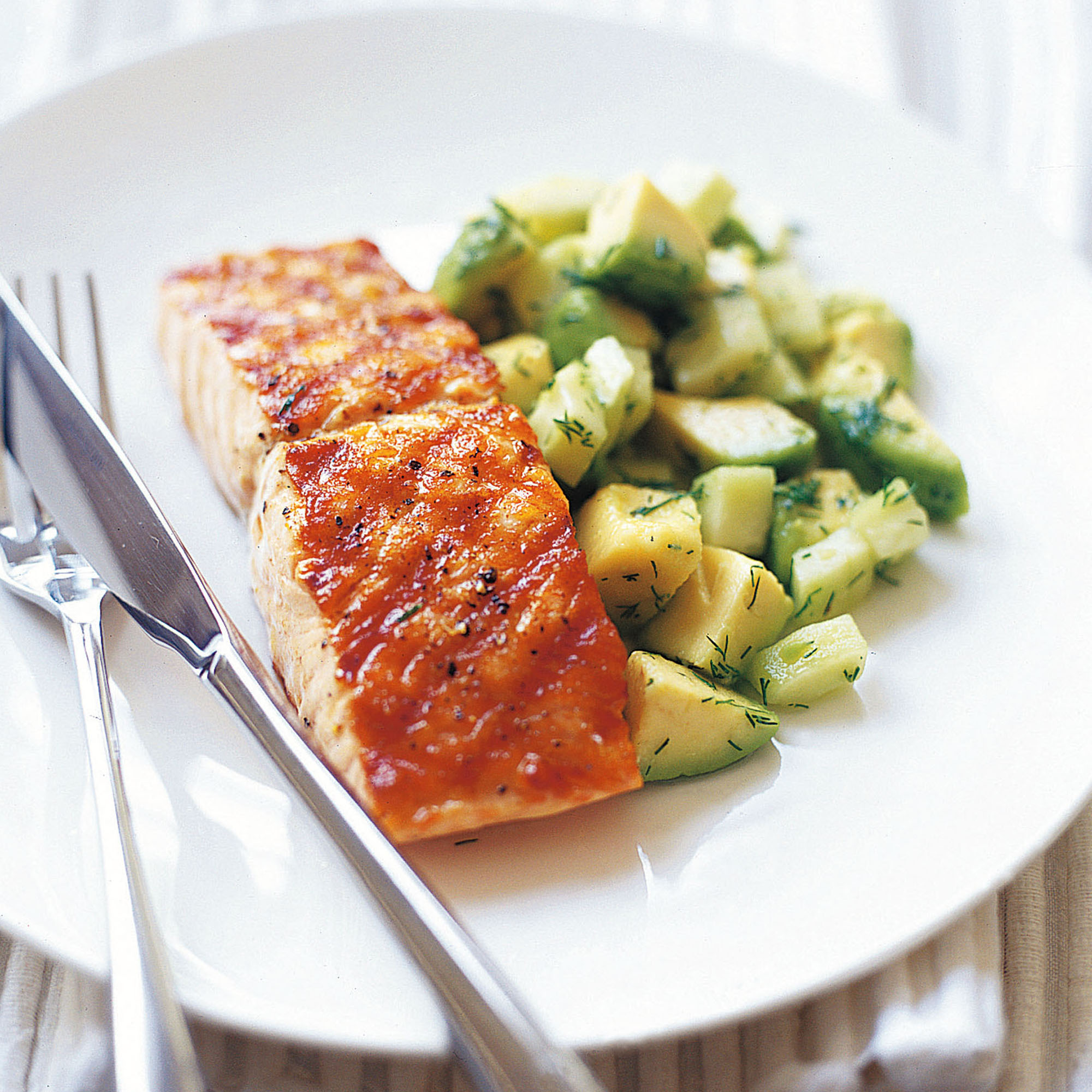 Char grilled salmon with avocado, cucumber and dill salad recipe Char grilled salmon with avocado, cucumber and dill salad recipe