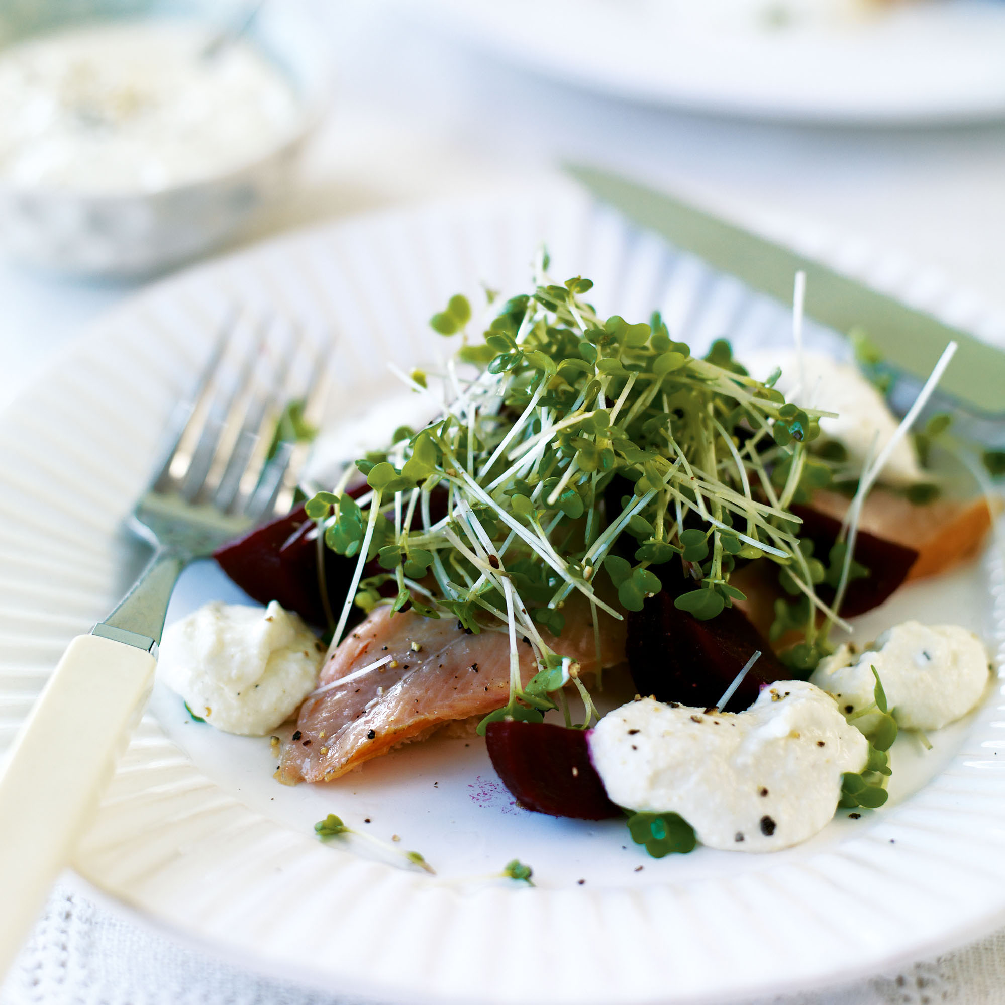 Smoked trout with horseradish, beetroot and cress recipe