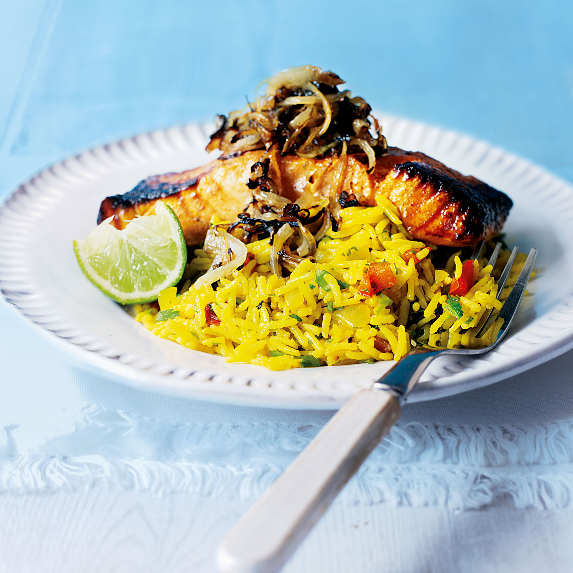 Grilled tikka salmon with spicy rice pilaf recipe