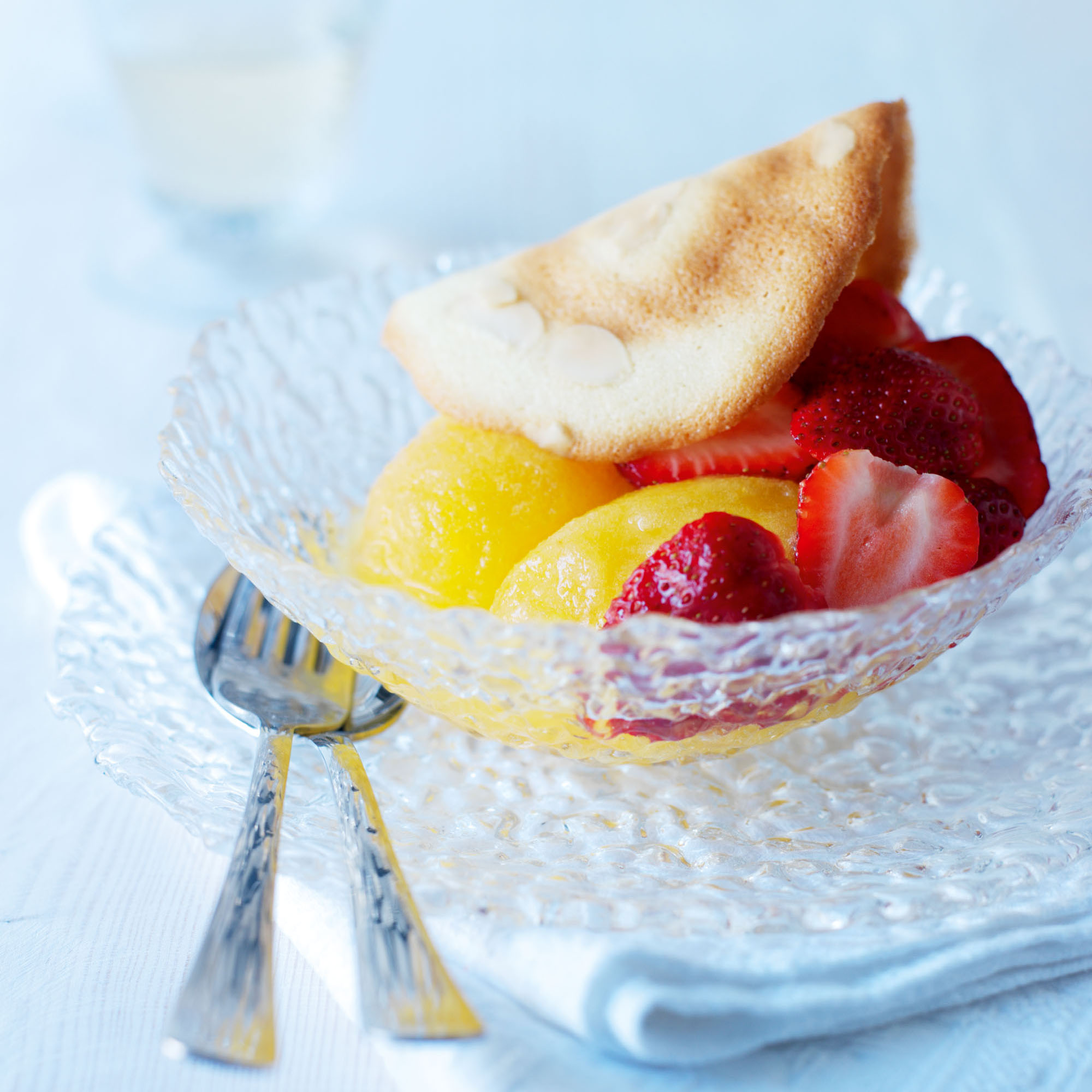 Cheat's peach sorbet with Muscat and almond tuiles recipe