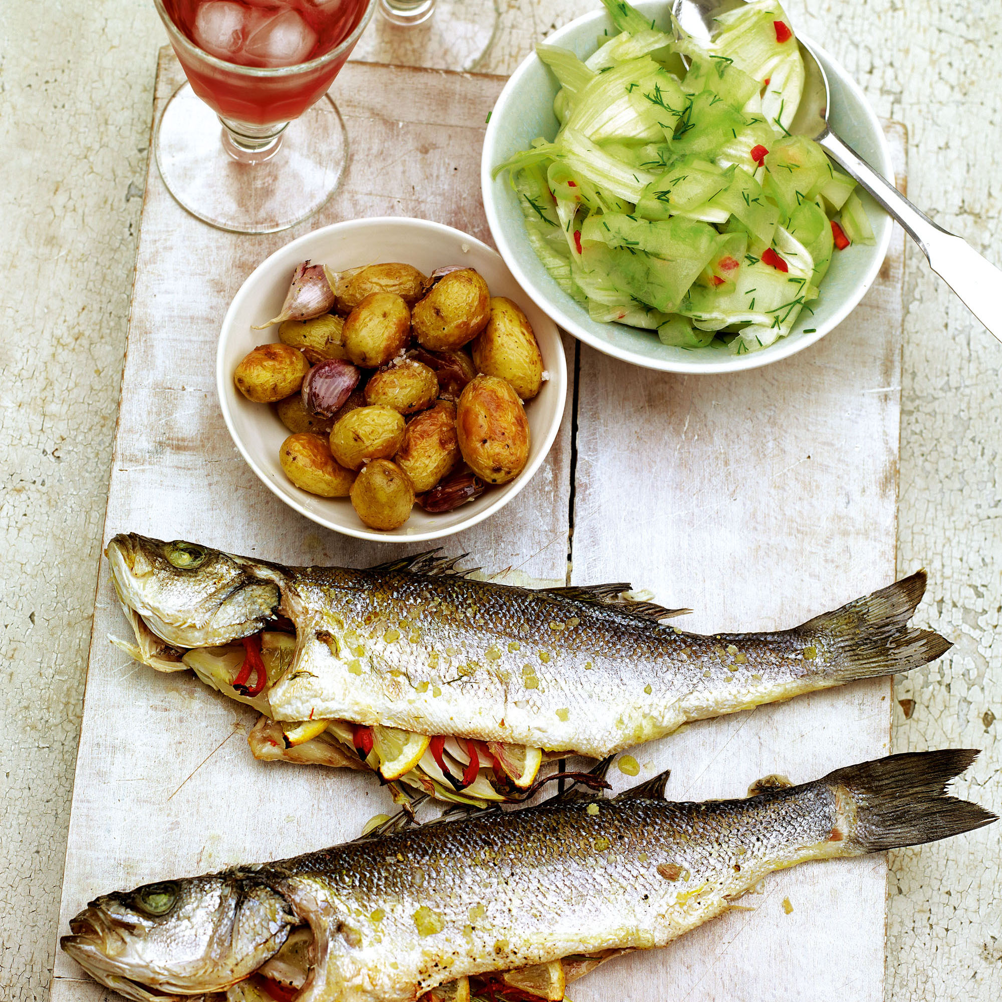 Oven-roasted whole sea bass with fennel and chilli recipe