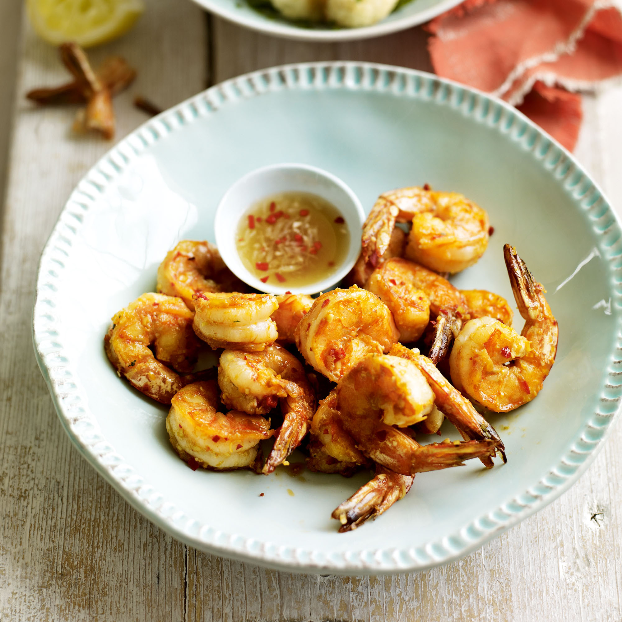 Chilli and lemongrass prawns with roasted cauliflower and a Thai dipping sauce recipe Chilli and lemongrass prawns with roasted cauliflower and a Thai dipping sauce recipe