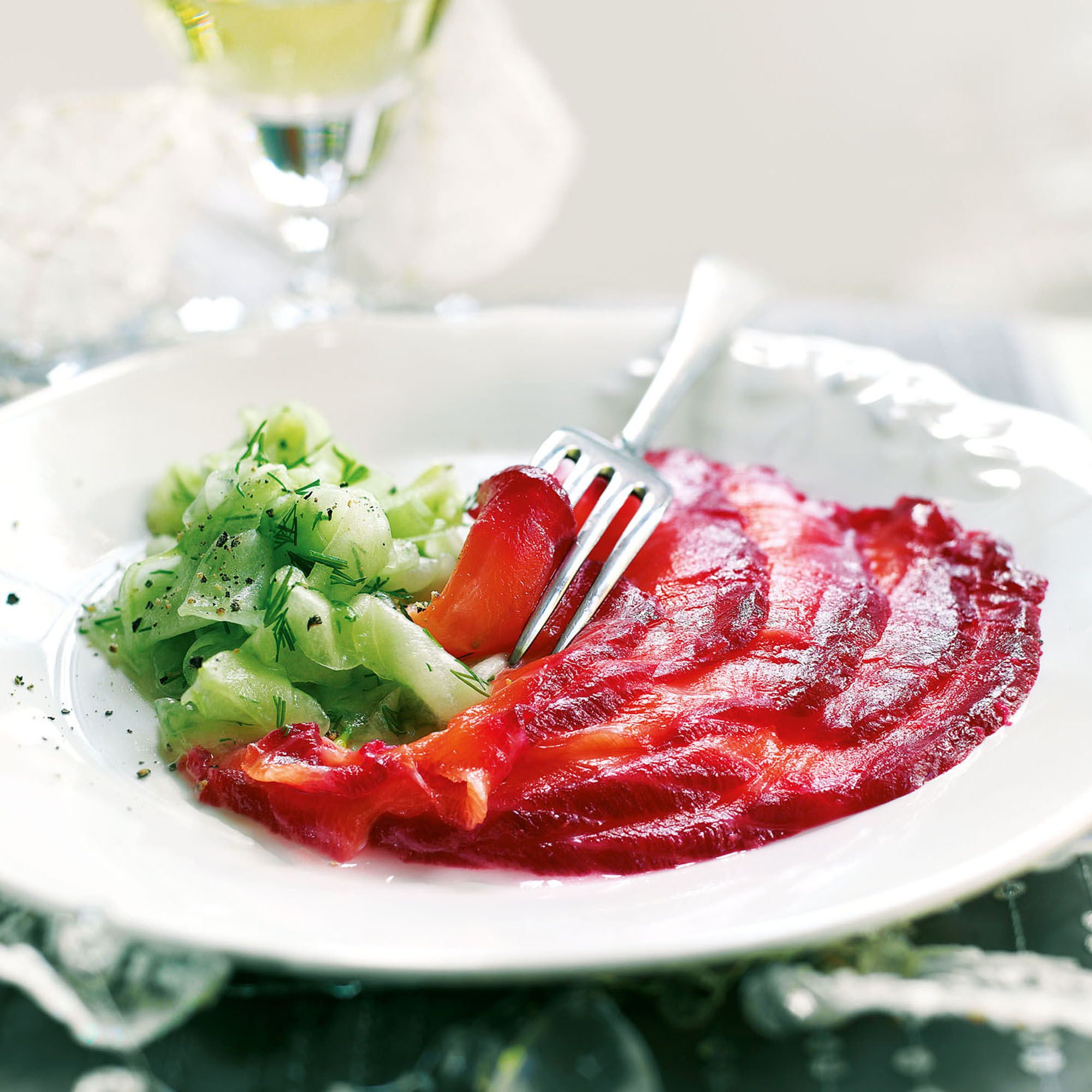 Beetroot and vodka-cured salmon with pickled cucumber salad recipe Beetroot and vodka-cured salmon with pickled cucumber salad recipe