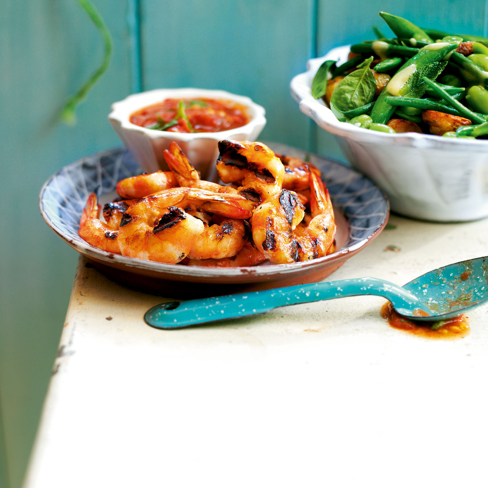 Prawns with a tomato and chilli dip recipe