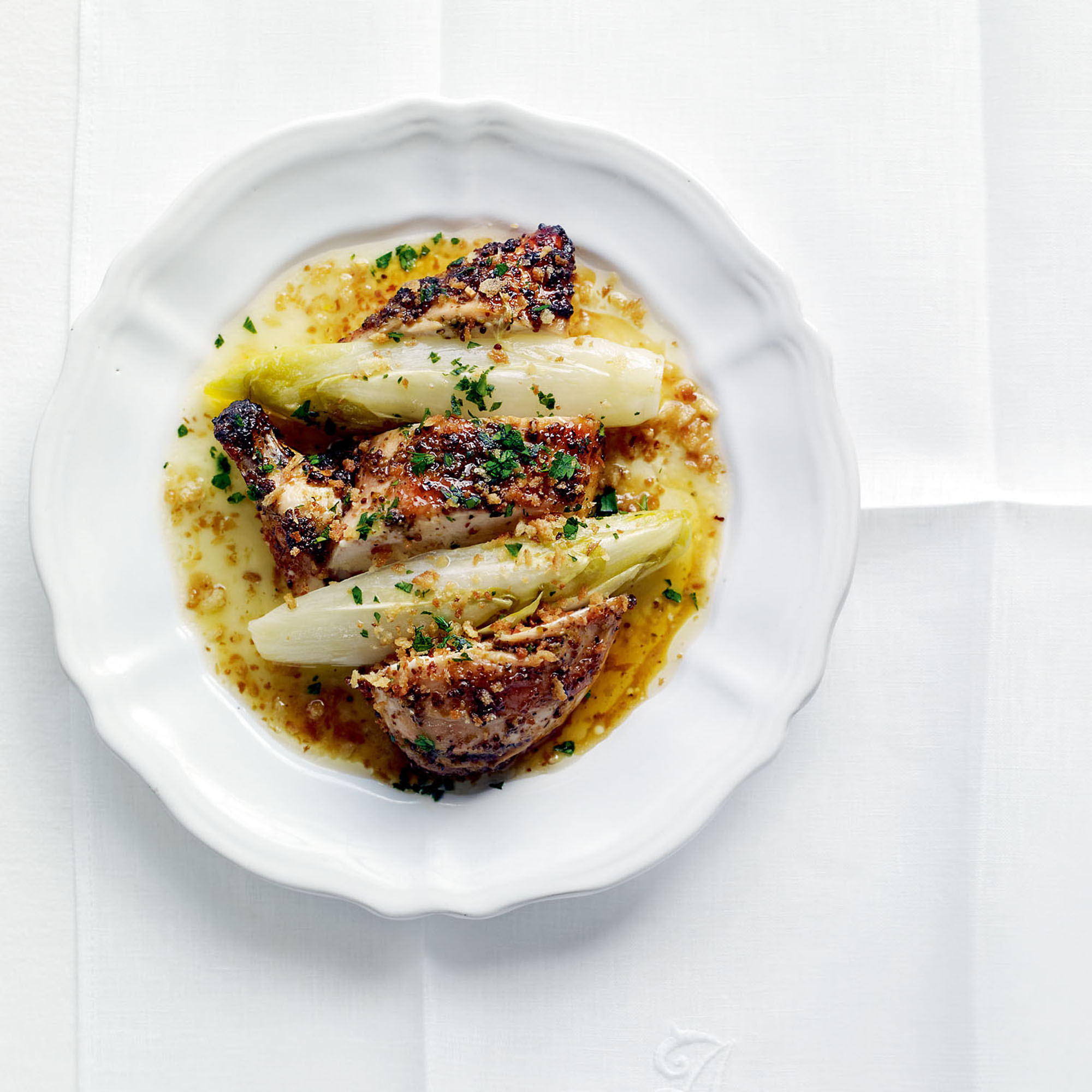 Honeyed chicken with braised chicory recipe Honeyed chicken with braised chicory recipe