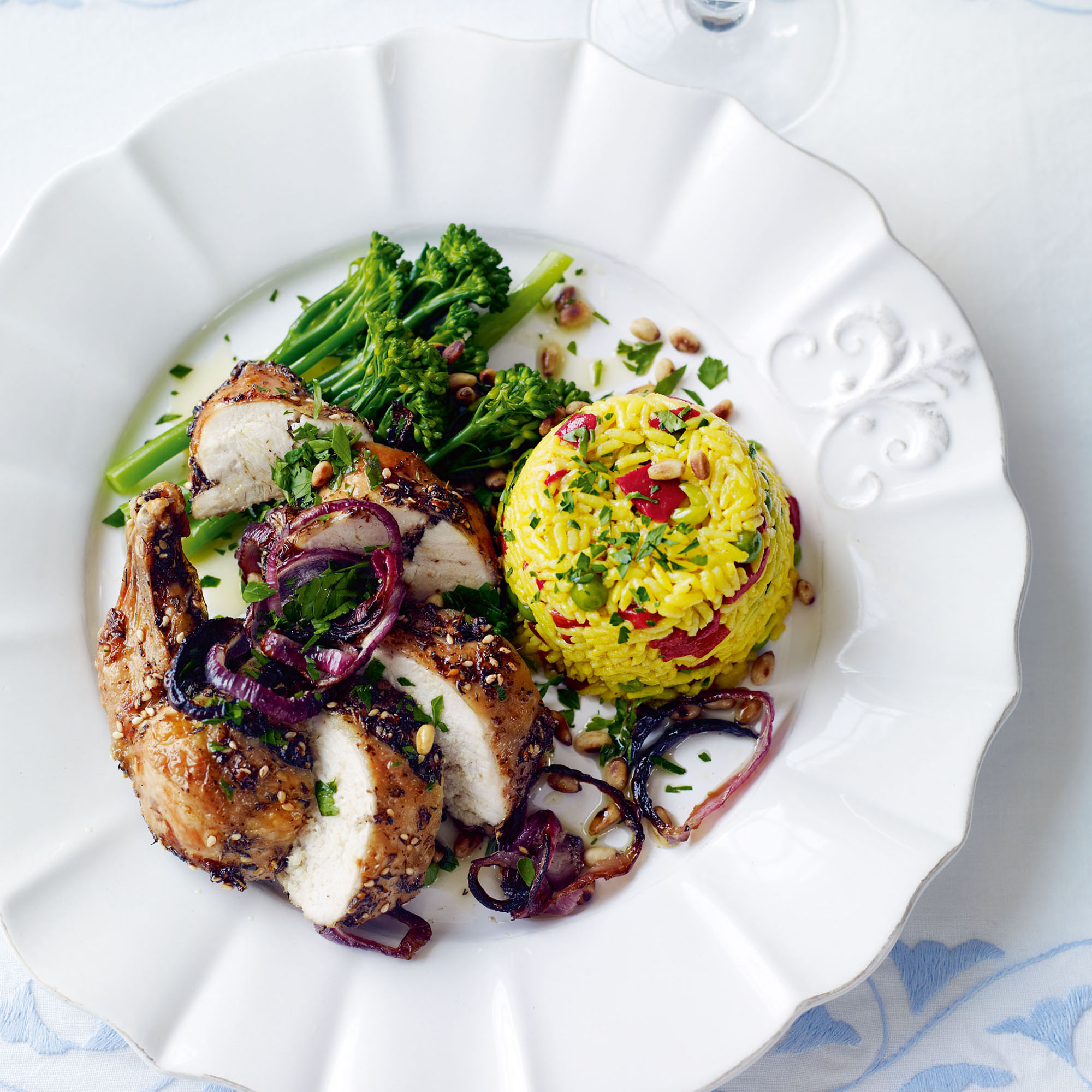 Roast chicken with herbs and rice pilaff recipe