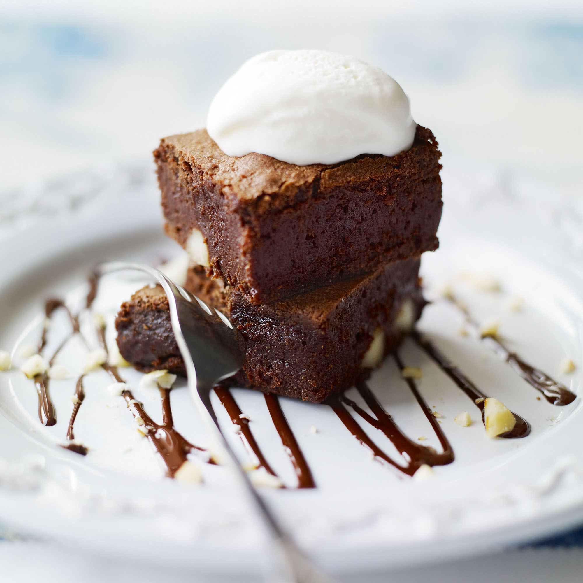Toasted macadamia brownies with mascarpone sorbet recipe