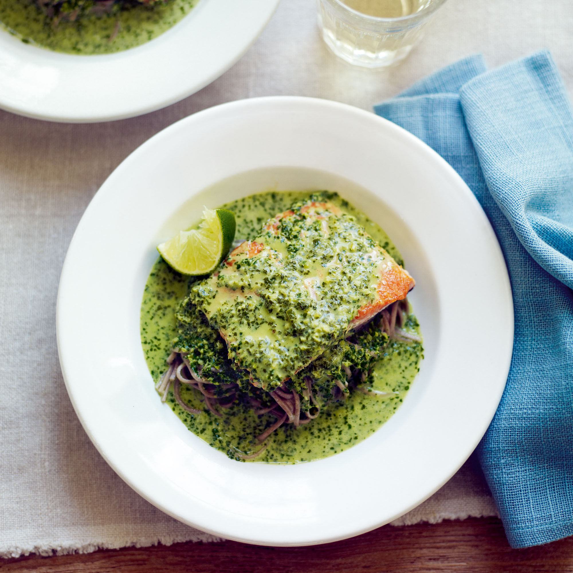 Crispy salmon with coconut, mint and coriander sauce, and soba noodles recipe Crispy salmon with coconut, mint and coriander sauce, and soba noodles recipe
