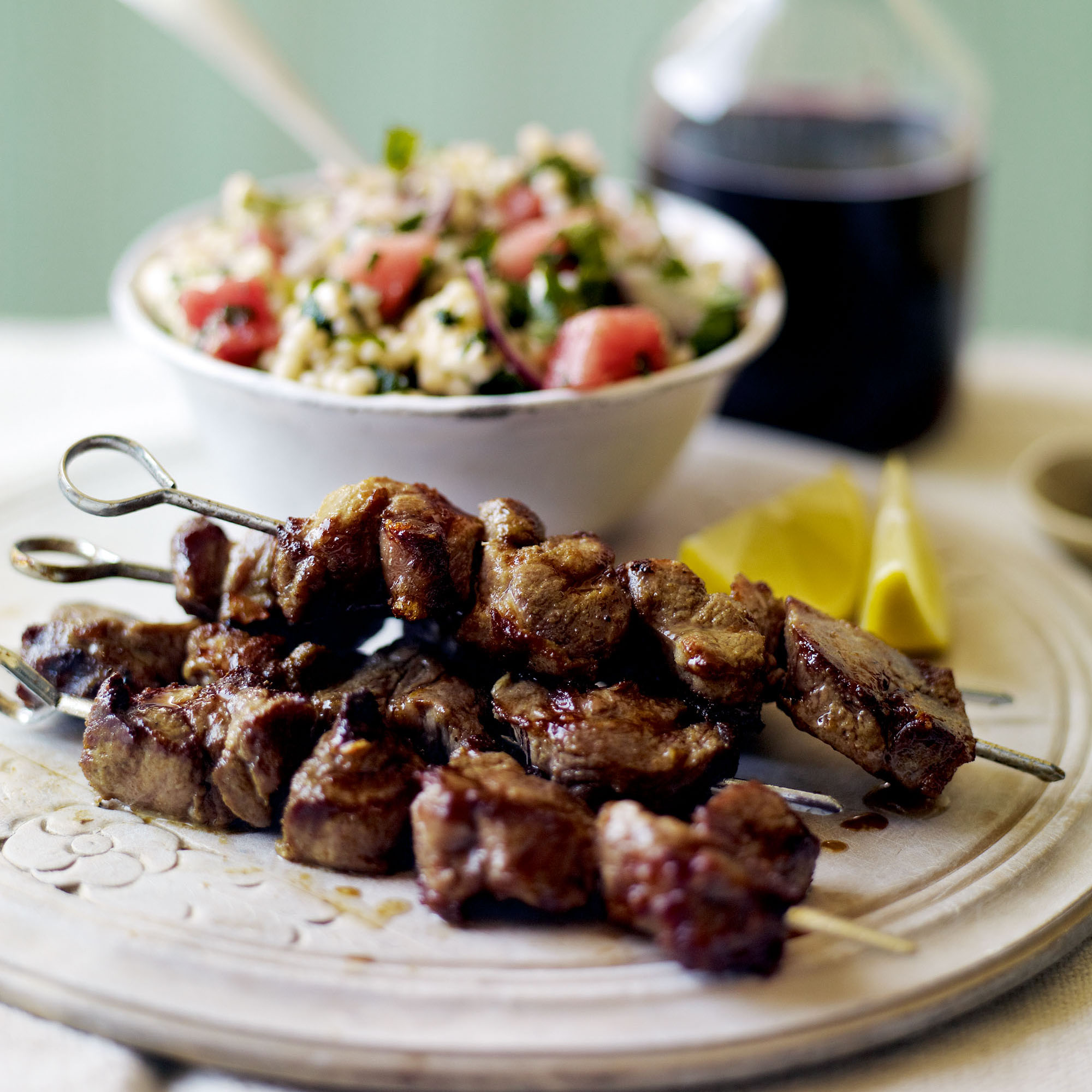 Marinated lamb skewers with giant couscous salad recipe Marinated lamb skewers with giant couscous salad recipe