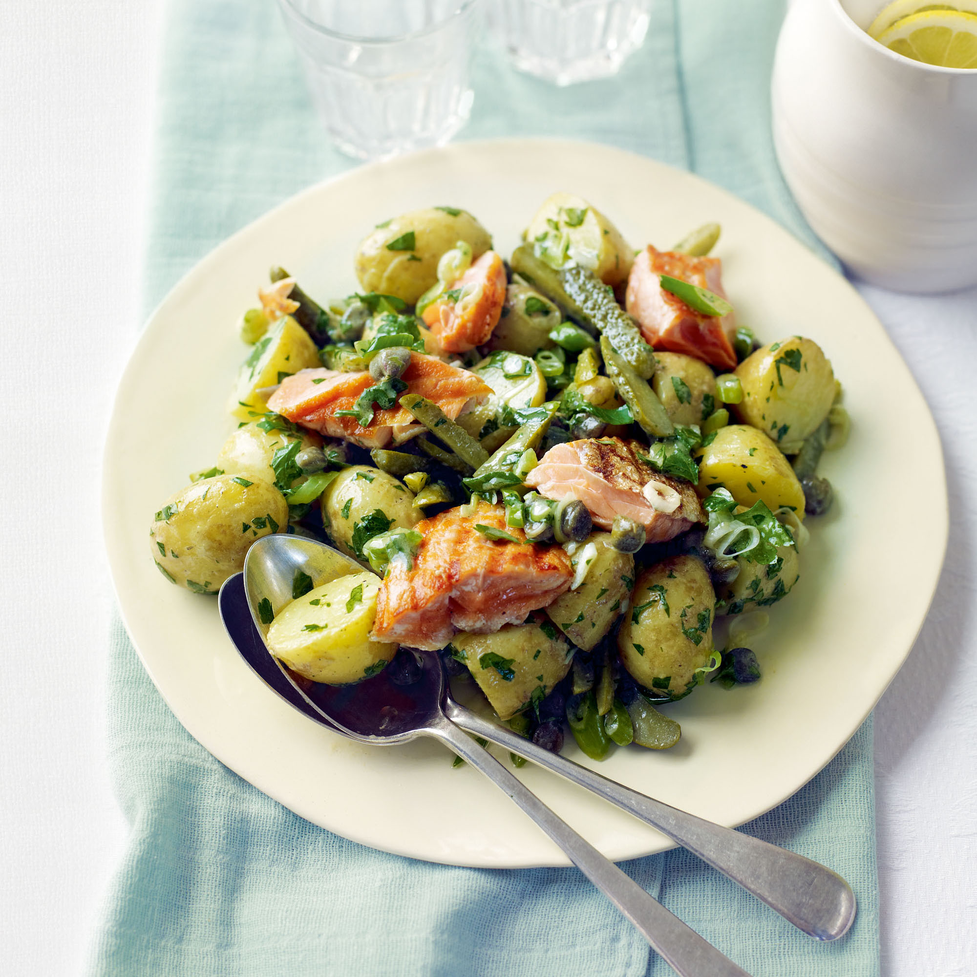 New potato and grilled salmon salad with Dijon and parsley dressing recipe New potato and grilled salmon salad with Dijon and parsley dressing recipe