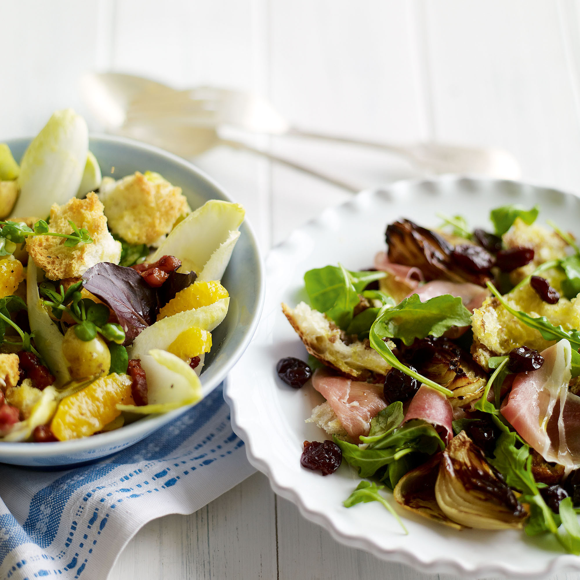 Serrano ham, sourdough and sour cherry salad with roasted onions recipe