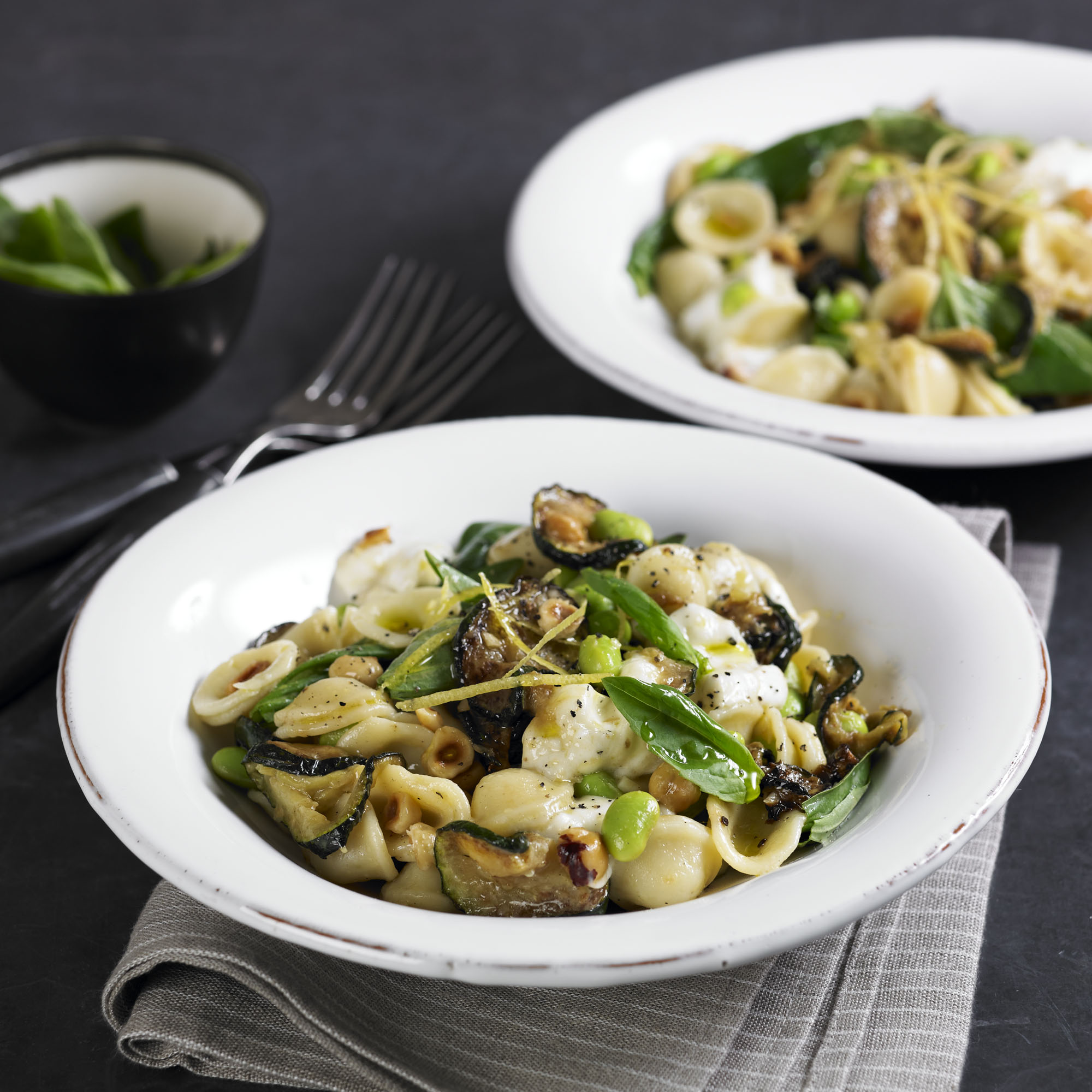 Courgette and hazelnut orecchiette with mozzarella recipe