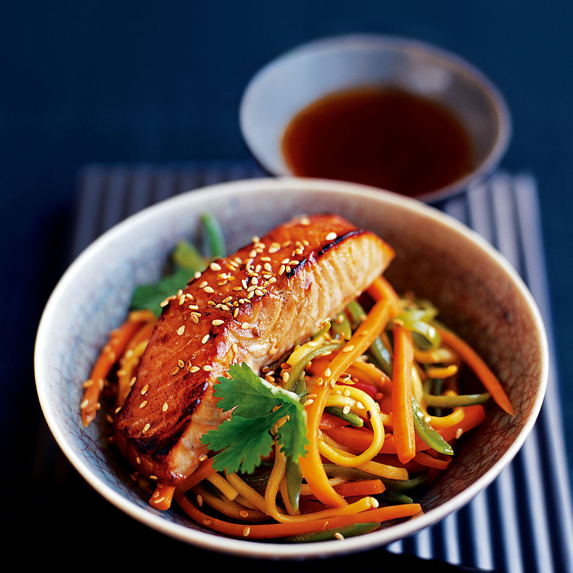 Japanese-style salmon with noodle stir-fry recipe Japanese-style salmon with noodle stir-fry recipe