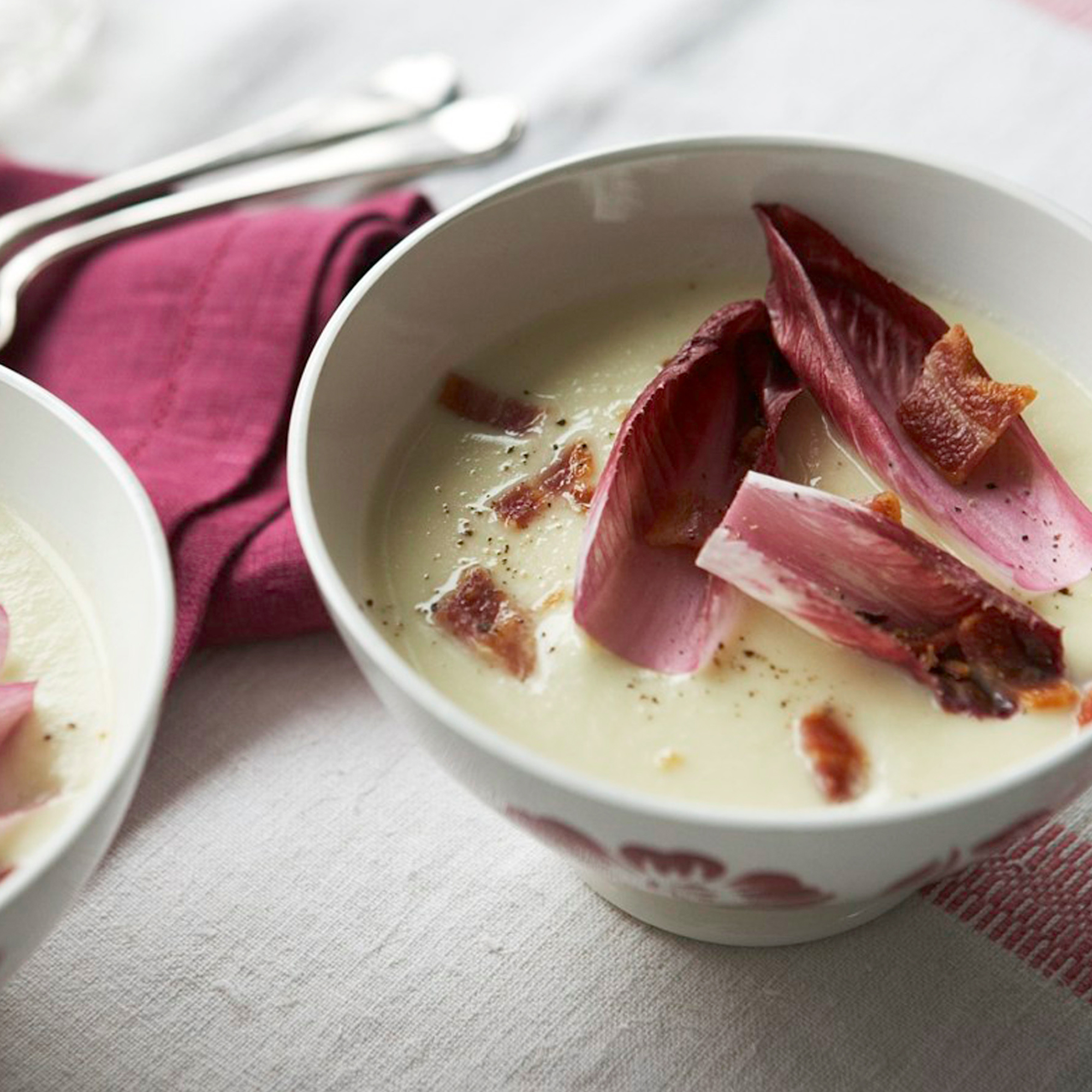 Cauliflower cheese soup with bacon and chicory recipe Cauliflower cheese soup with bacon and chicory recipe