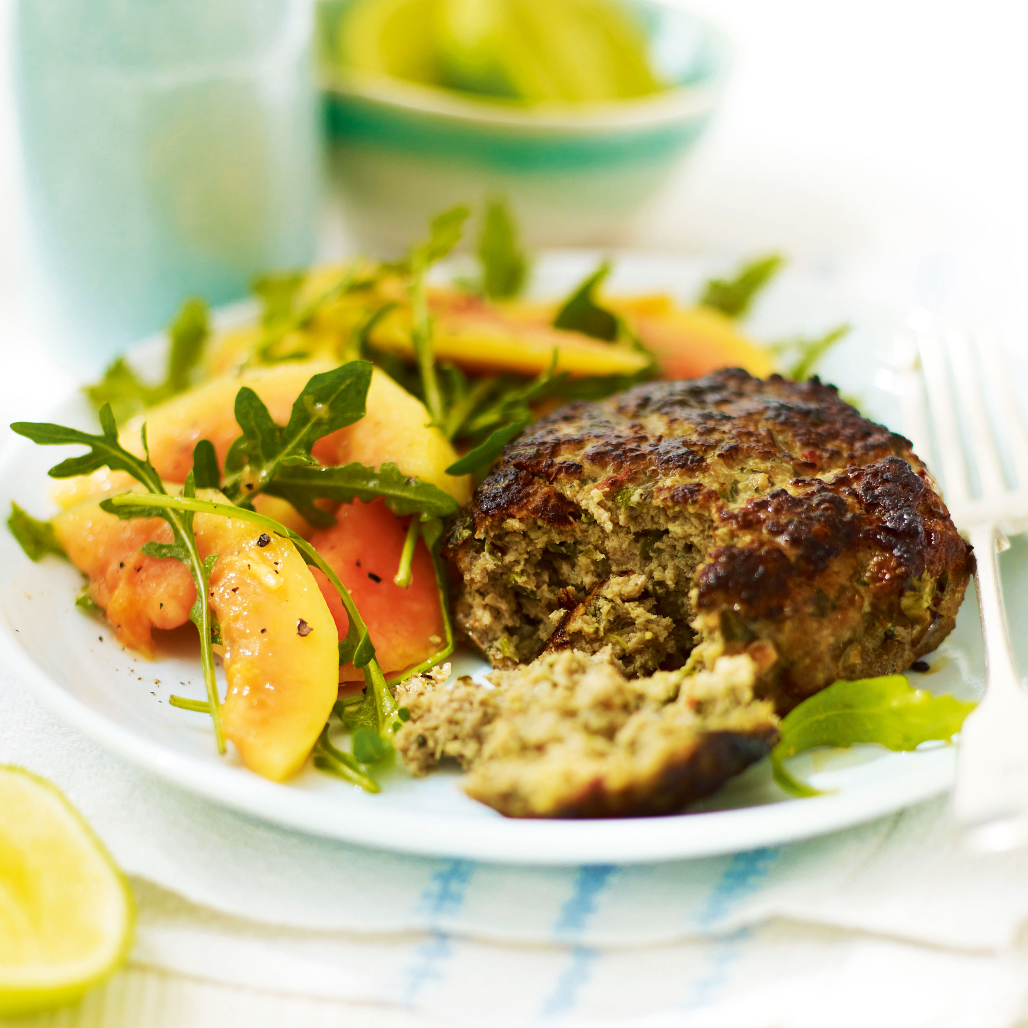 Coriander and lemongrass pork burgers with rocket and papaya salad recipe Coriander and lemongrass pork burgers with rocket and papaya salad recipe
