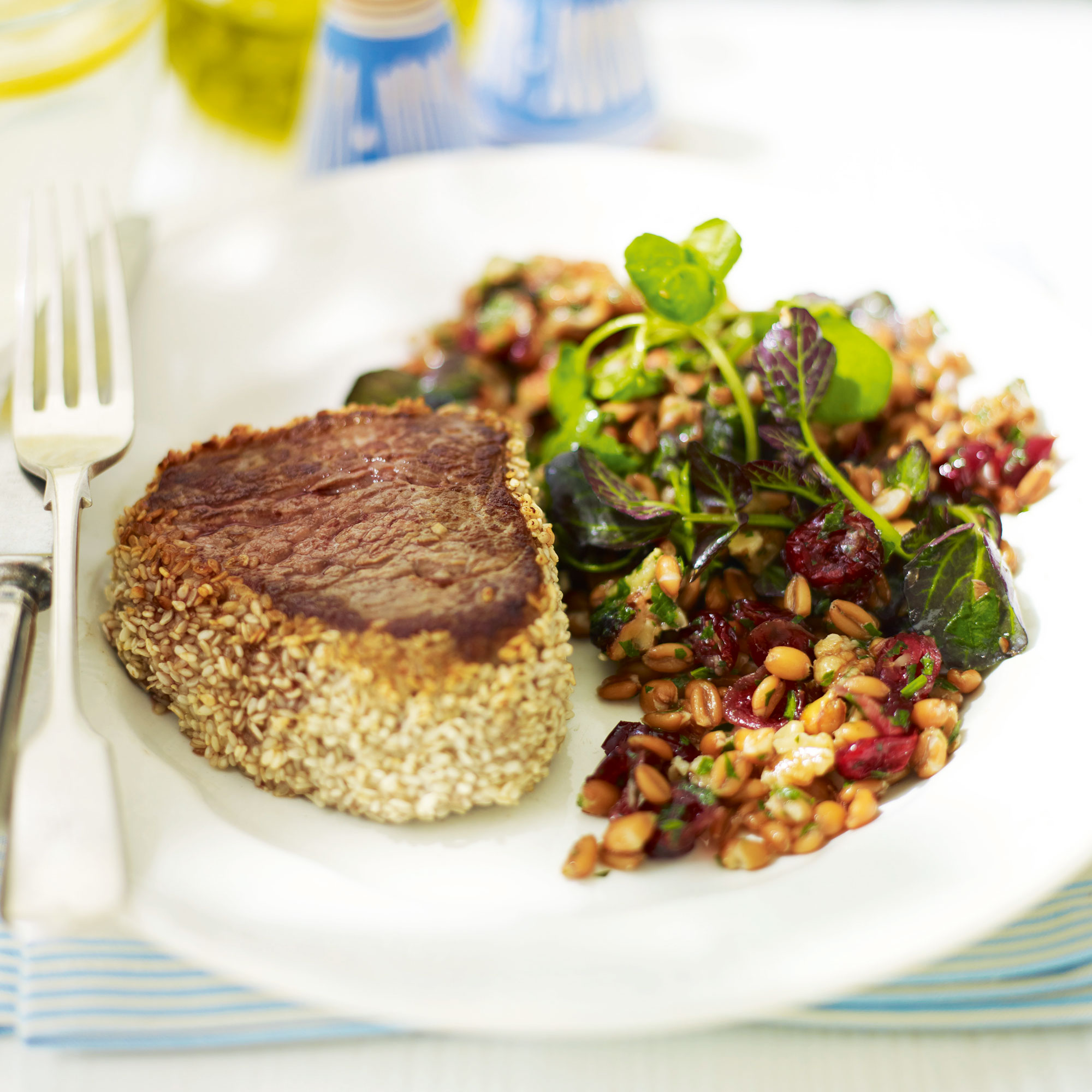 Fillet steak with spelt, orange and walnut salad recipe