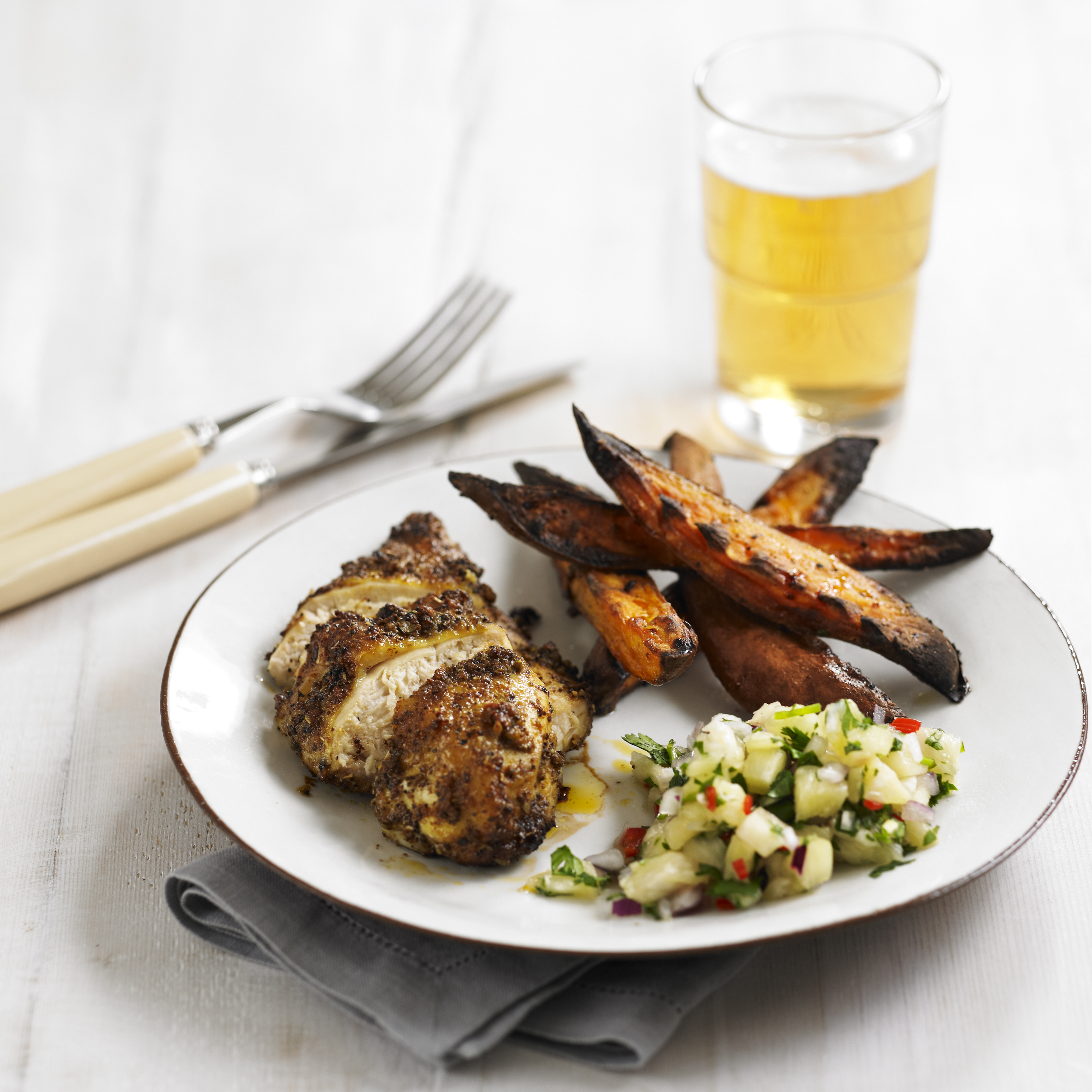 Jerk chicken breasts with pineapple salsa sweet potato wedges recipe