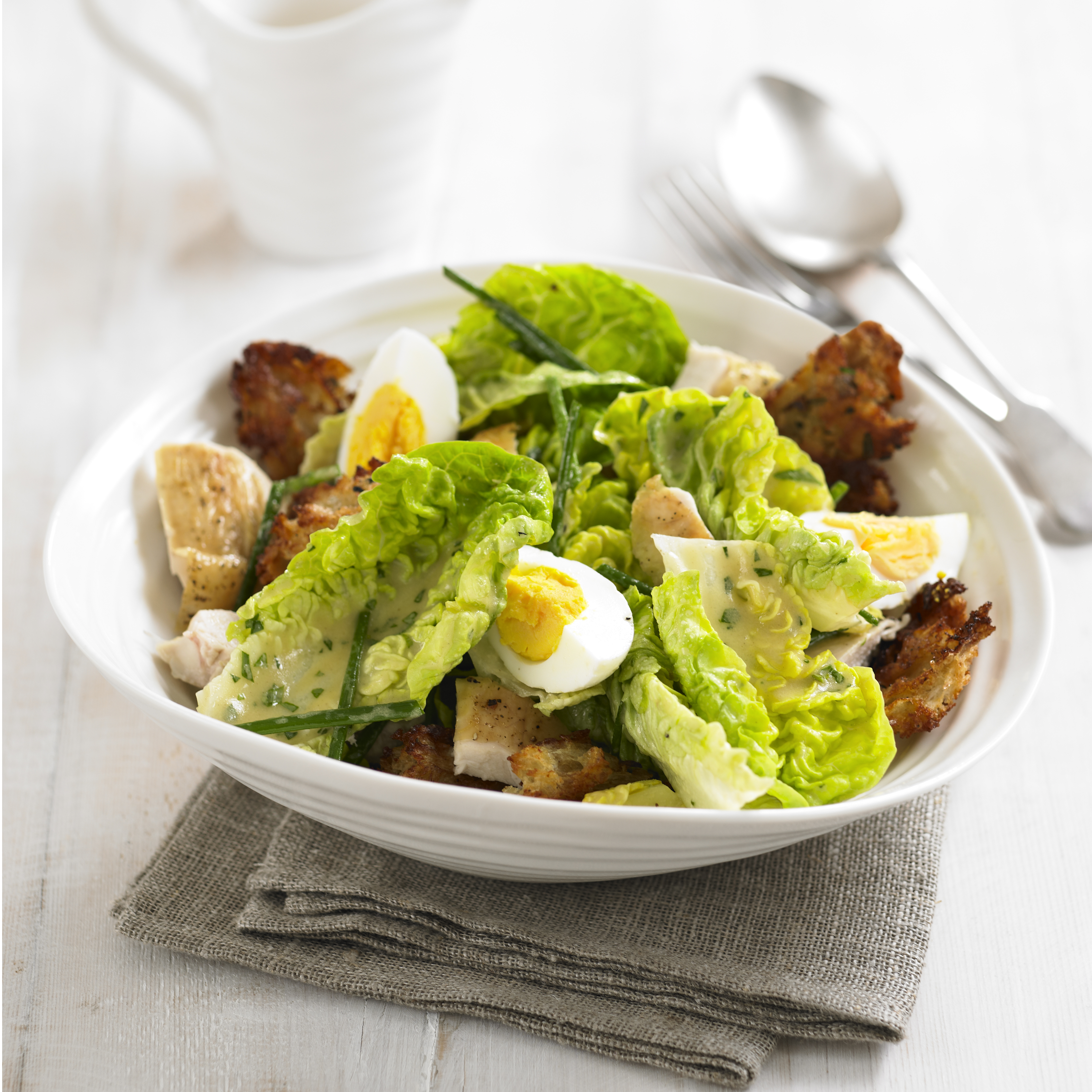 Roast chicken salad with eggs, chives and sourdough croutons recipe Roast chicken salad with eggs, chives and sourdough croutons recipe
