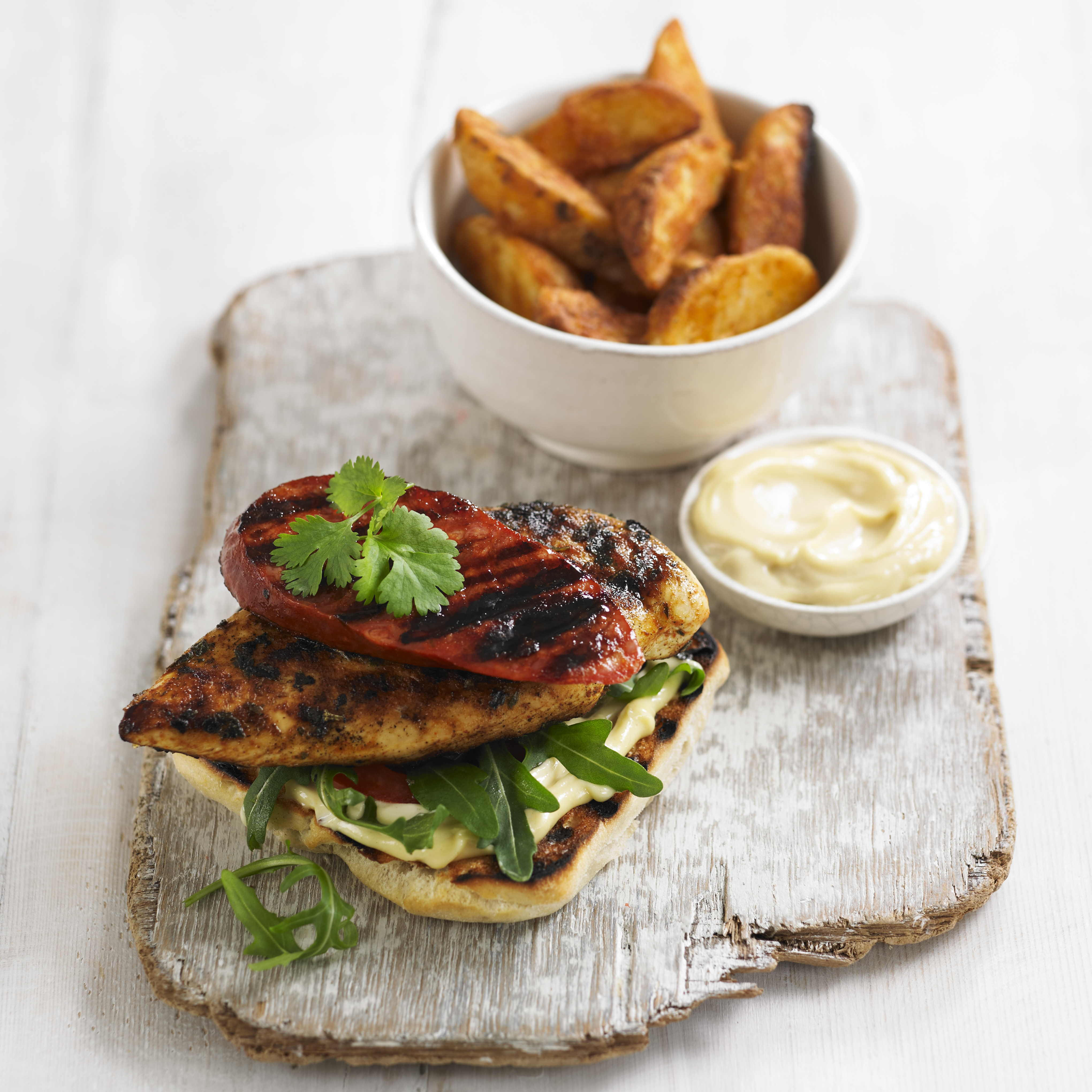 Chicken and chorizo open burger with garlic mayo recipe