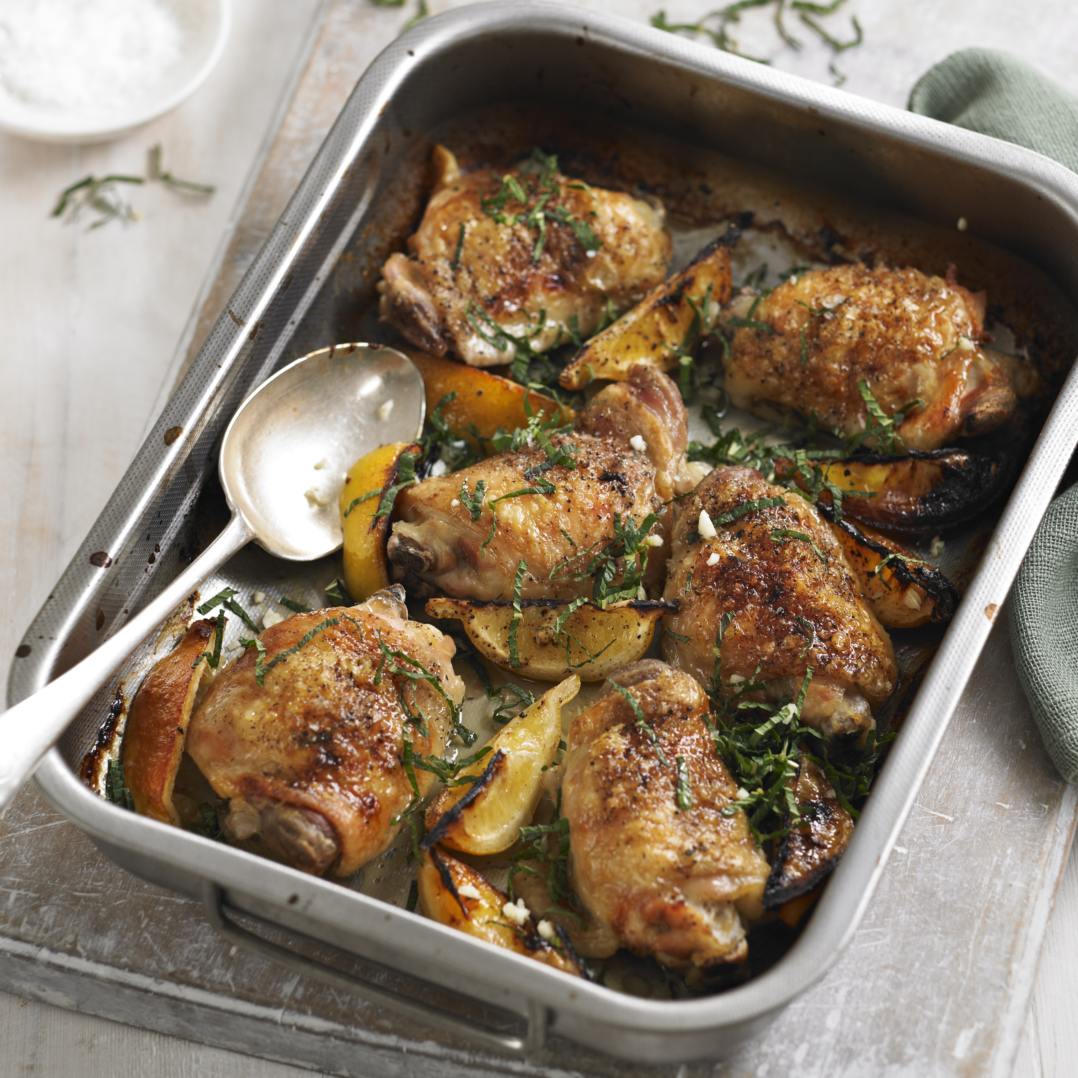 Roast chicken thighs with lemon and mint recipe Roast chicken thighs with lemon and mint recipe