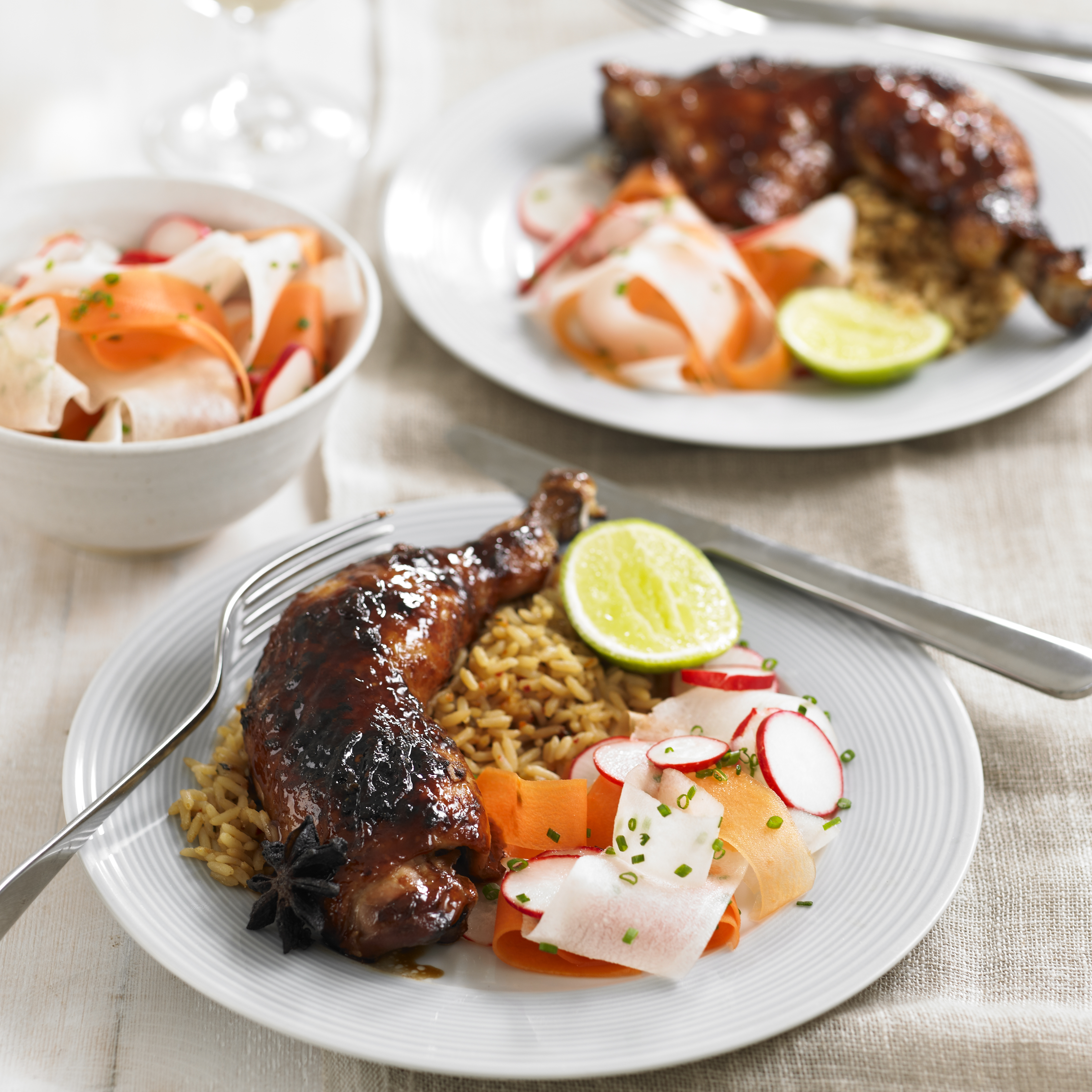 Char siu chicken legs with radish and carrot salad recipe