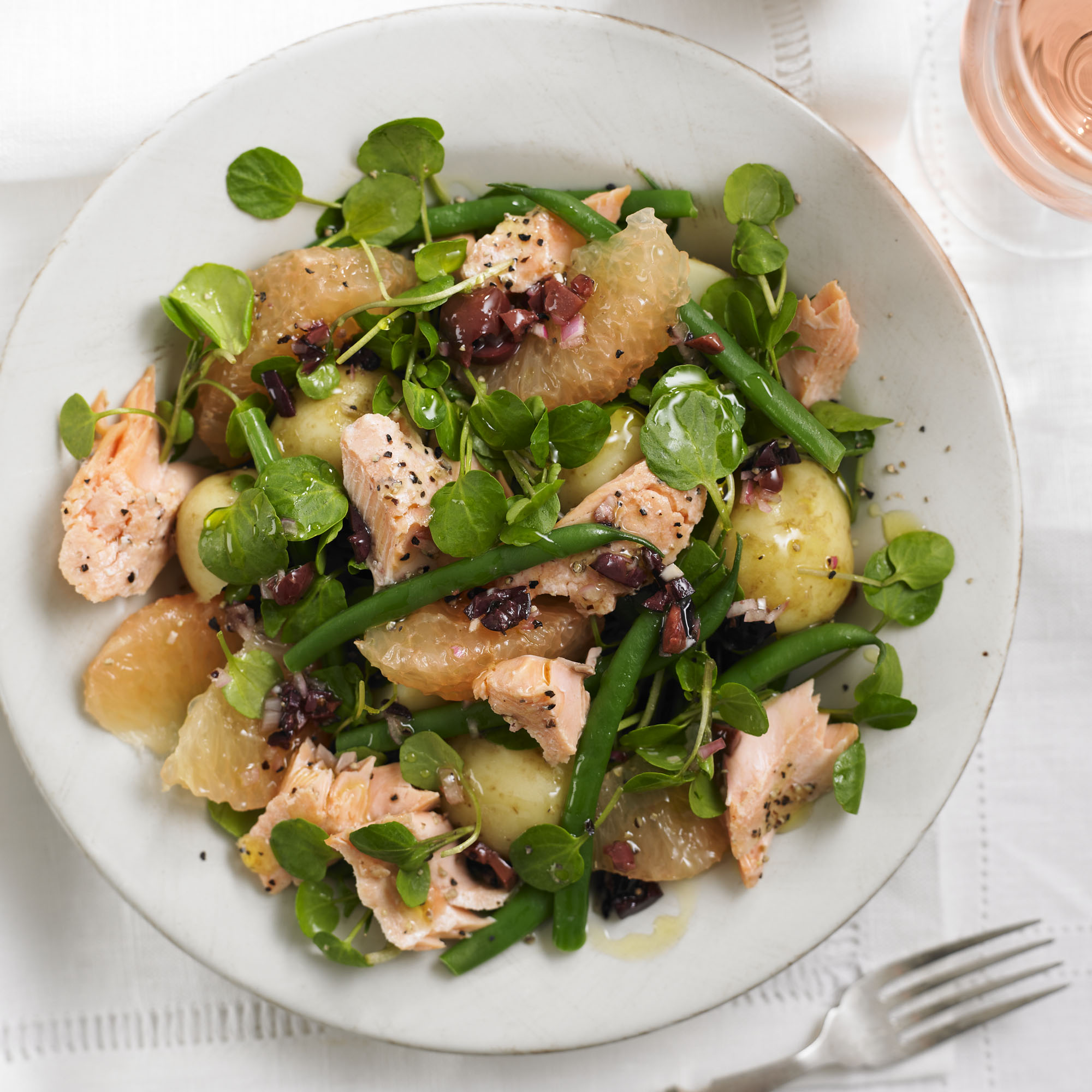 Trout salad with grapefruit, watercress and black olive dressing recipe