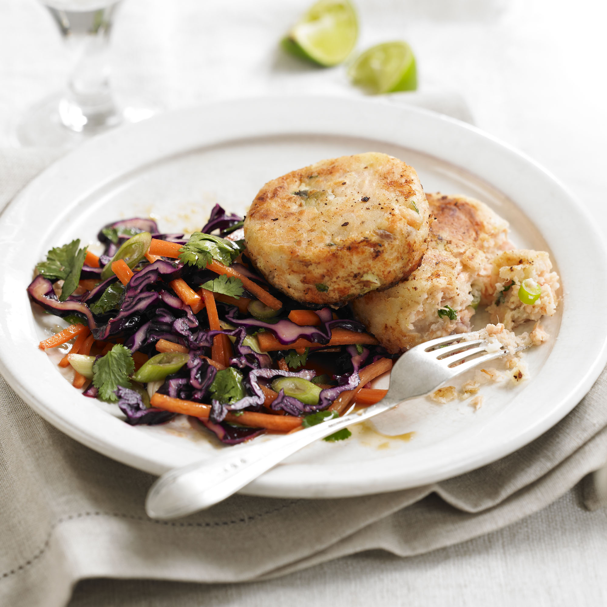 Salmon and ginger fishcakes with rainbow salad recipe Salmon and ginger fishcakes with rainbow salad recipe
