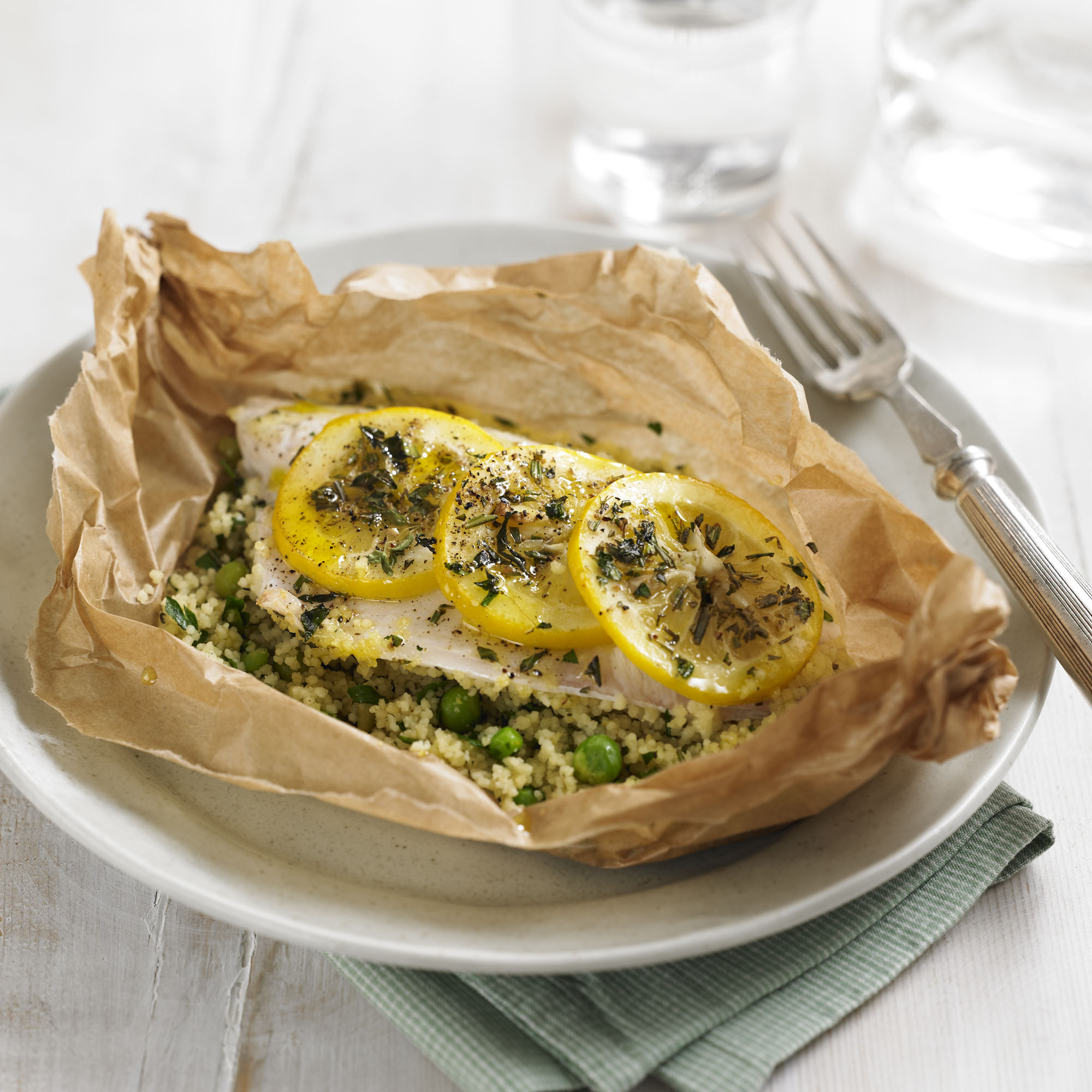 Sea bass fillet parcels with lemon couscous recipe Sea bass fillet parcels with lemon couscous recipe