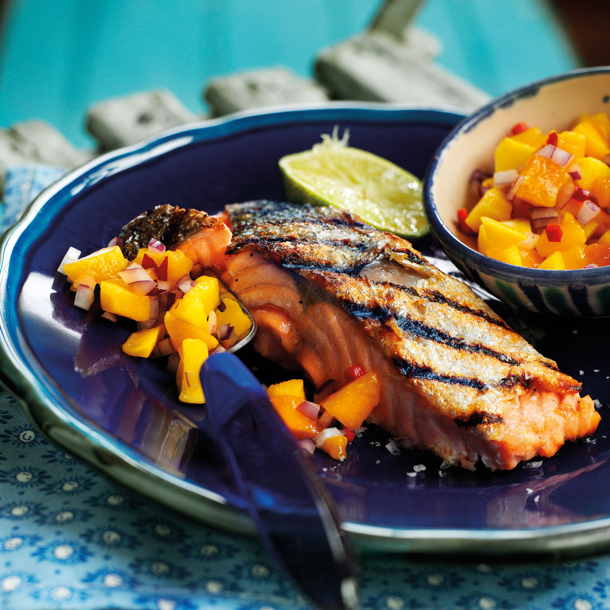 Charred salmon fillets with mango salsa recipe Charred salmon fillets with mango salsa recipe
